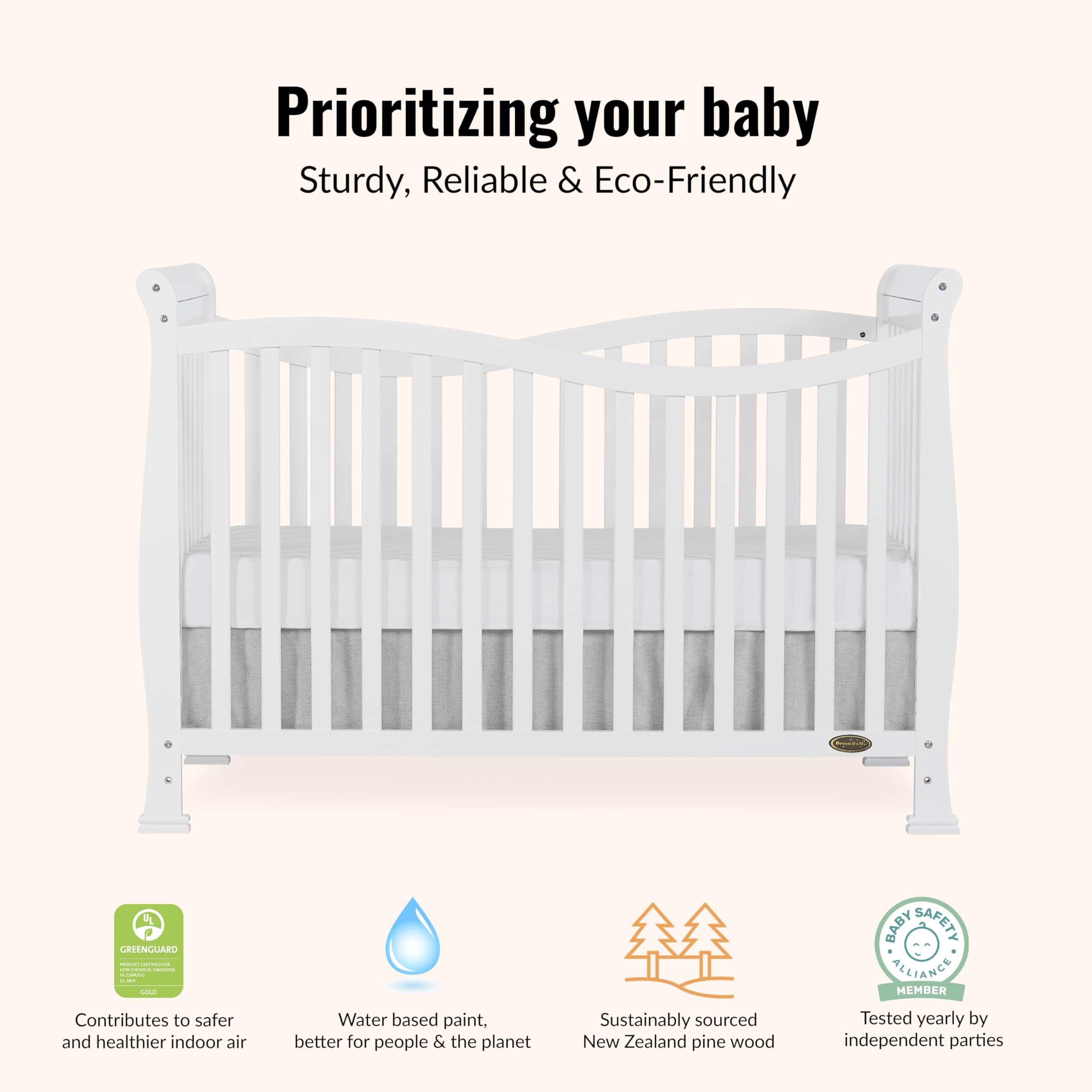 Dream On Me Violet 7-In-1 Convertible Life Style Crib In White, Greenguard Gold Certified, 4 Mattress Height Settings, Made Of Sustainable New Zealand Pinewood