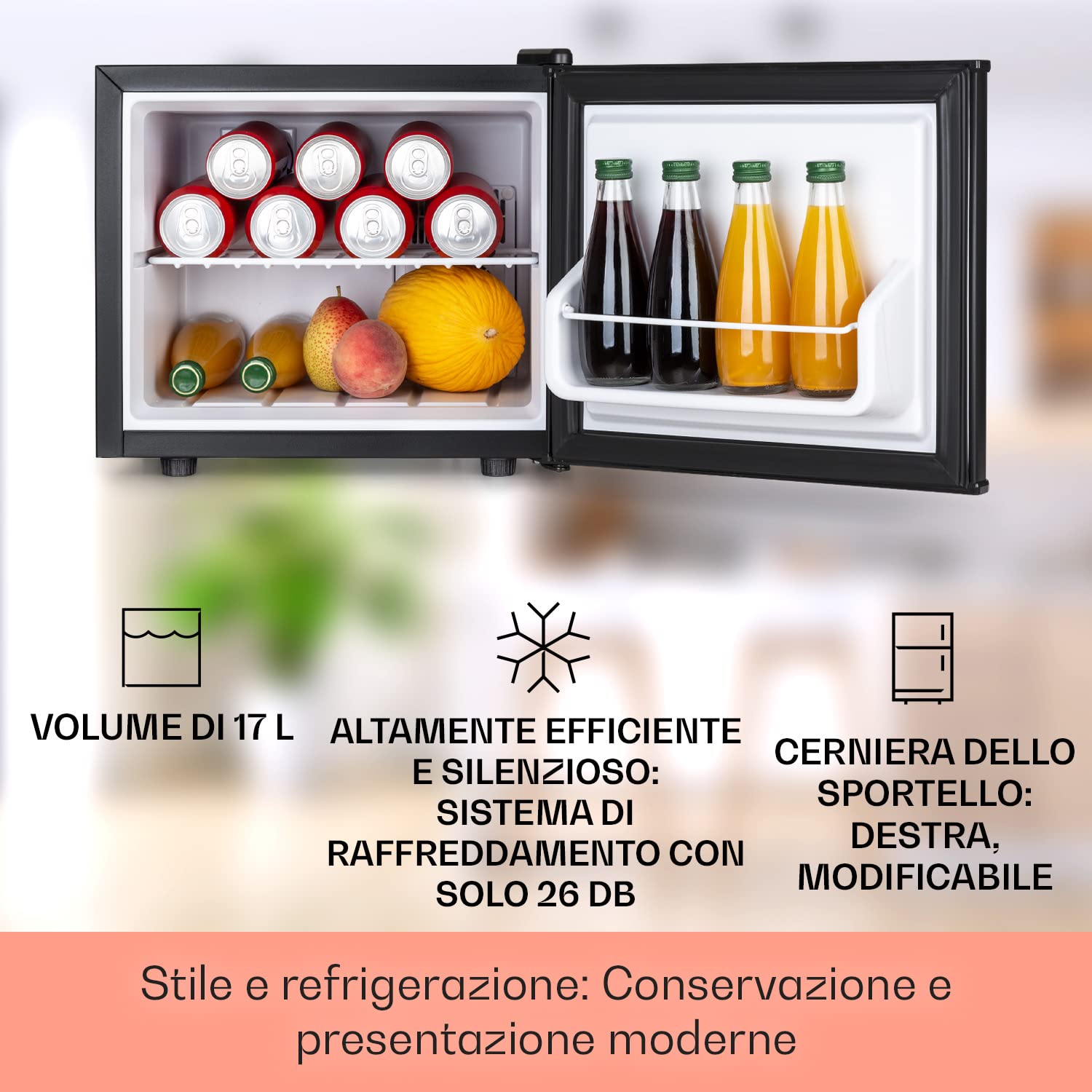 Klarstein Geheimversteck - Minibar, Mini Frigo, Mini Frigorifero per Snack e Bevande, solo 26 dB, Ripiano Estraibile, Regolazione della Temperatura senza Intervalli Predefiniti, 17 L, Nero
