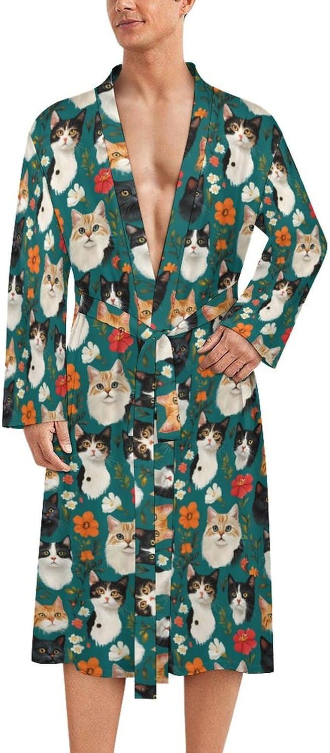 Cute Cat Pattern Mens Robe Long Bathrobe for Women Bath Robes Lightweight Soft Printed Sleepwear