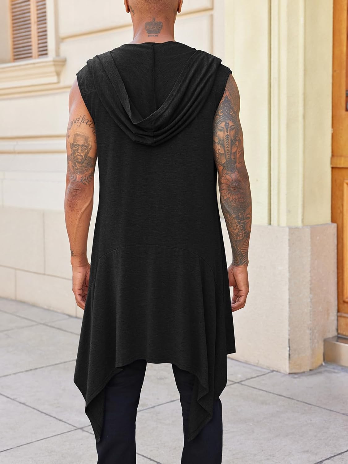 Runcati Mens Hooded Cardigan Sleeveless Ruffle Shawl Collar Open Front Knit Drape Robe - Image 5