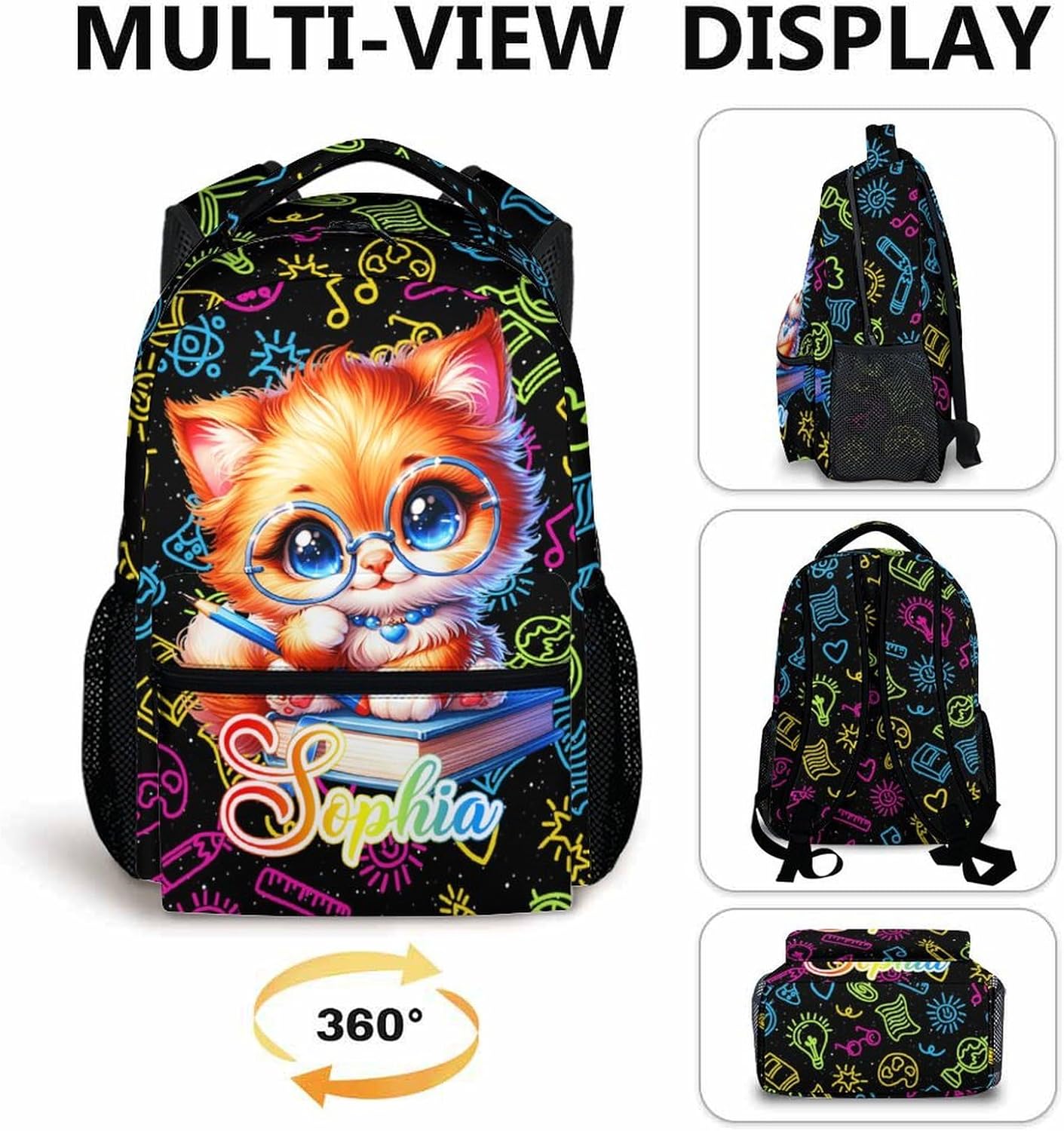 Kids Backpack, Custom Cat Backpack for Girls Teens, Personalized Student Bookbag for School Toddler Kindergarten Elementary Primary Middle, 17’’ Lightweight Durable Back to School Gift