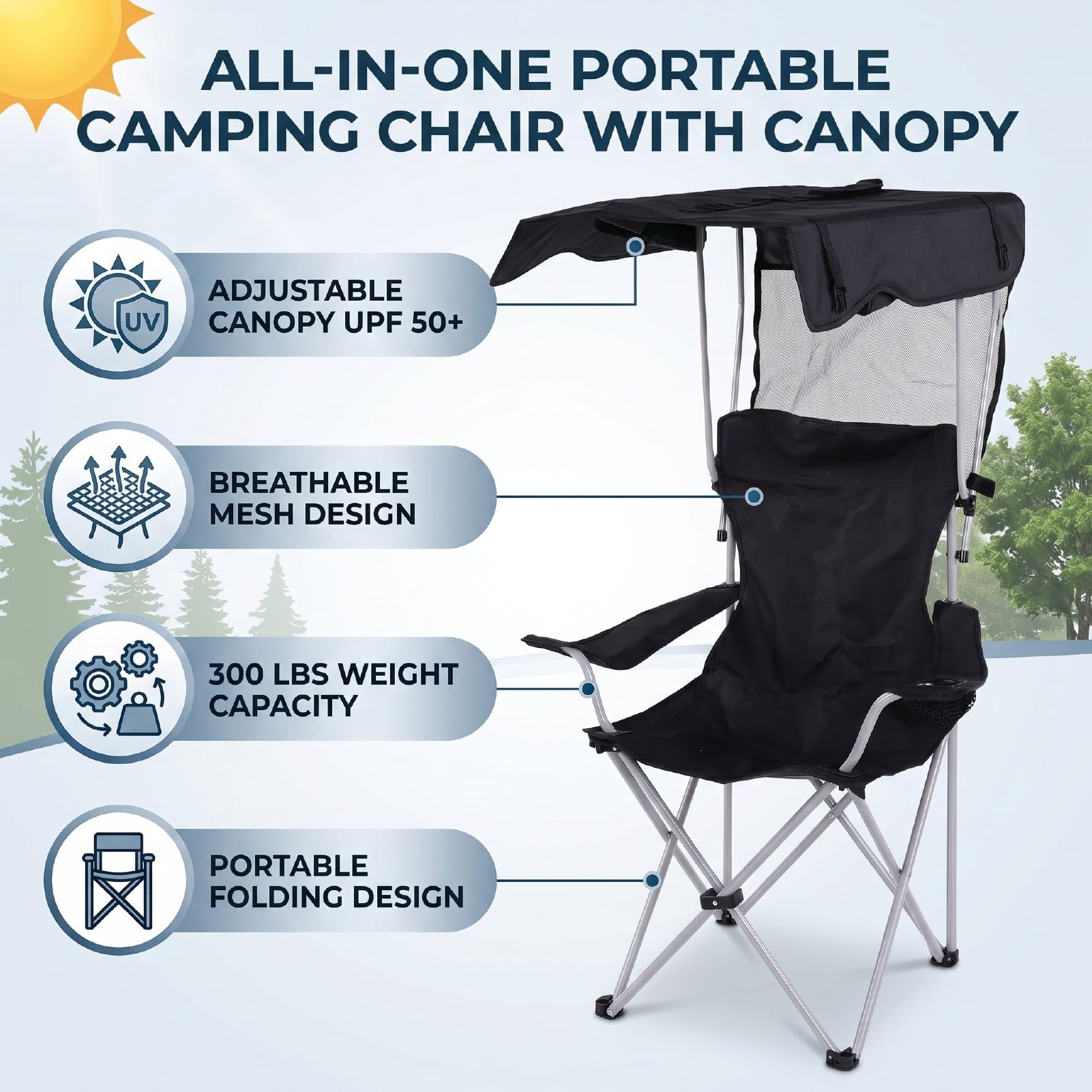 Folding Camping Chair with Shade, 300 LB Capacity