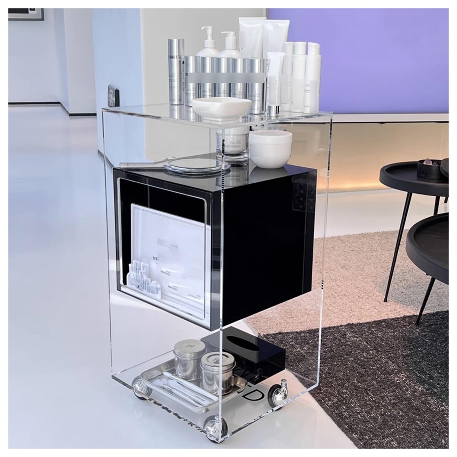 asdchZen Beauty Salon Trolley,Glass Mobile Braiding Makeup Cart,For Beauty Spa Cosmetology Massage, Manicure Tool Holder Station,Color4,40x35x69cm