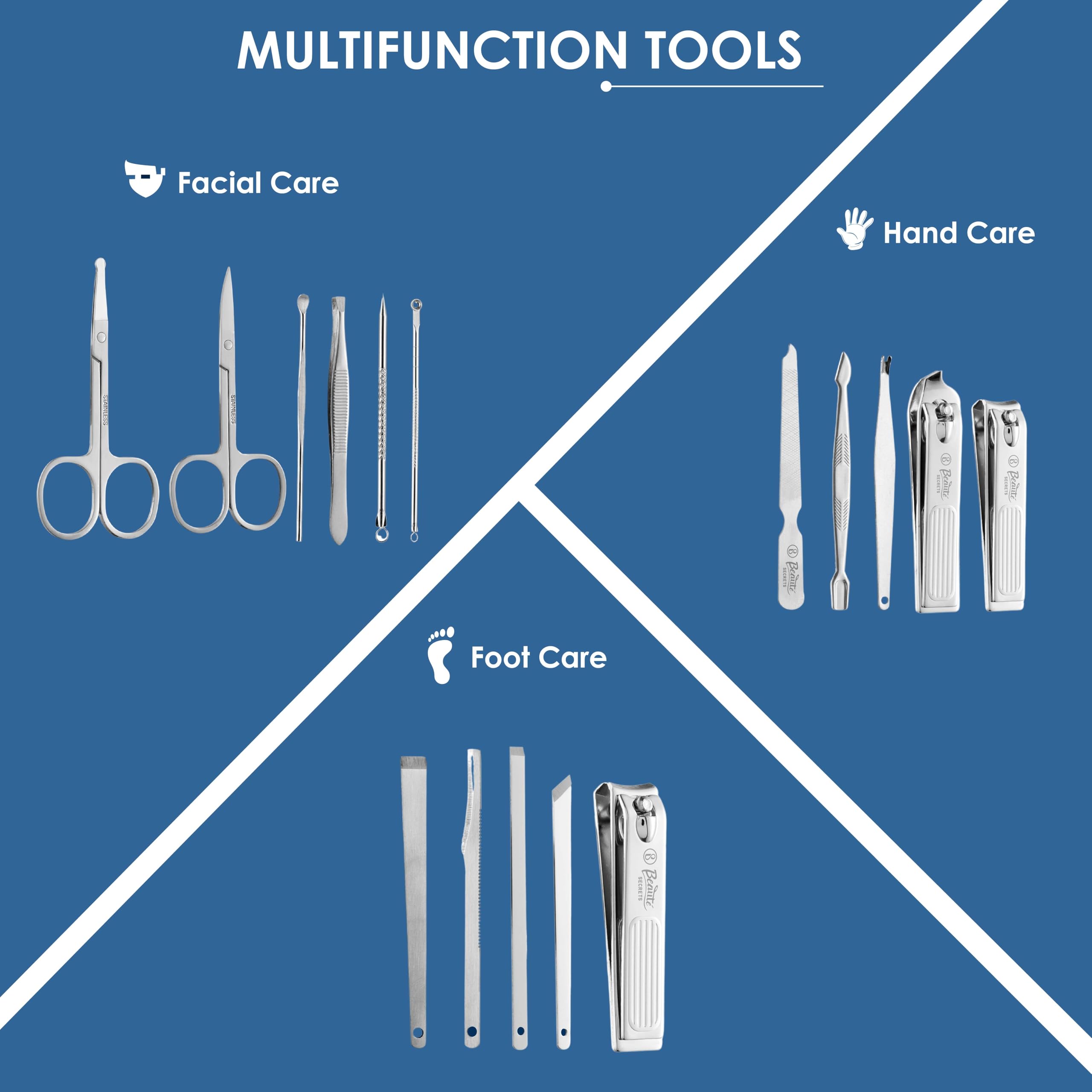 Beauté Secrets Essentials Manicure Set Nail Clippers Kit Manicure Pedicure Gift Set, 16Pcs Professional Stainless Steel Pedicure Care Tools Women Travel Grooming Kit with Case (Grey) - Image 3 thumbnail
