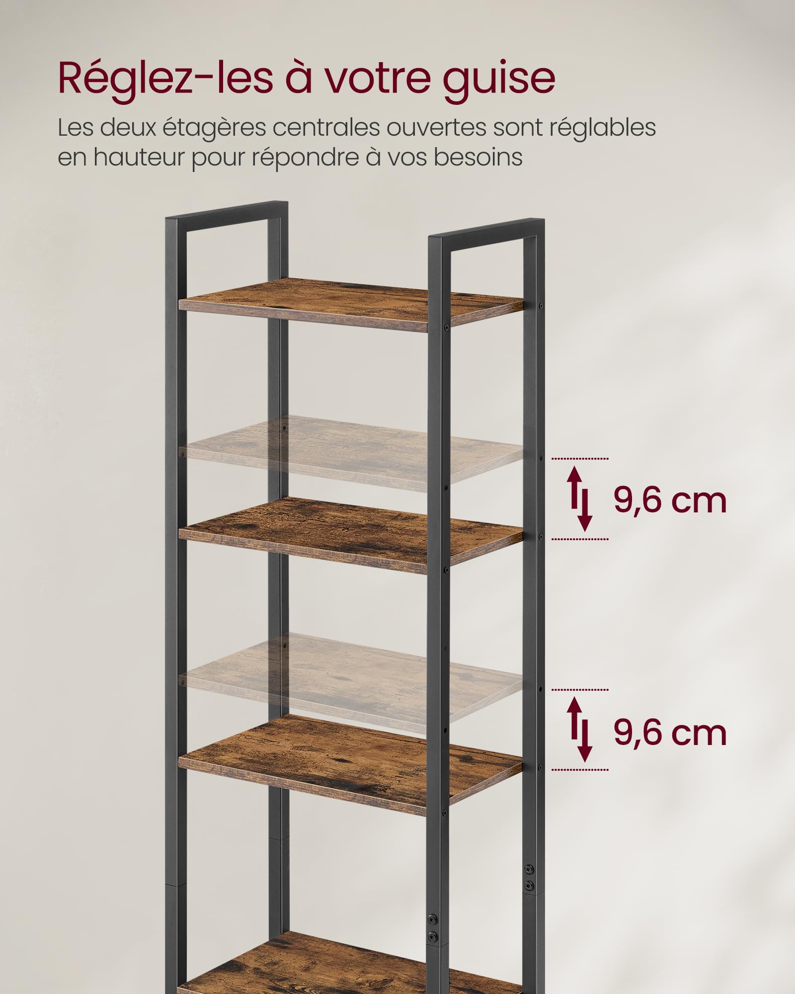 VASAGLE Bibliothèque Verticale à 6 Niveaux avec Porte, Structure en Métal, Étagères Réglables, 24 x 40 x 159,5 cm, pour Salon, Chambre, Marron Rustique et Noir d’Encre LLS132K01