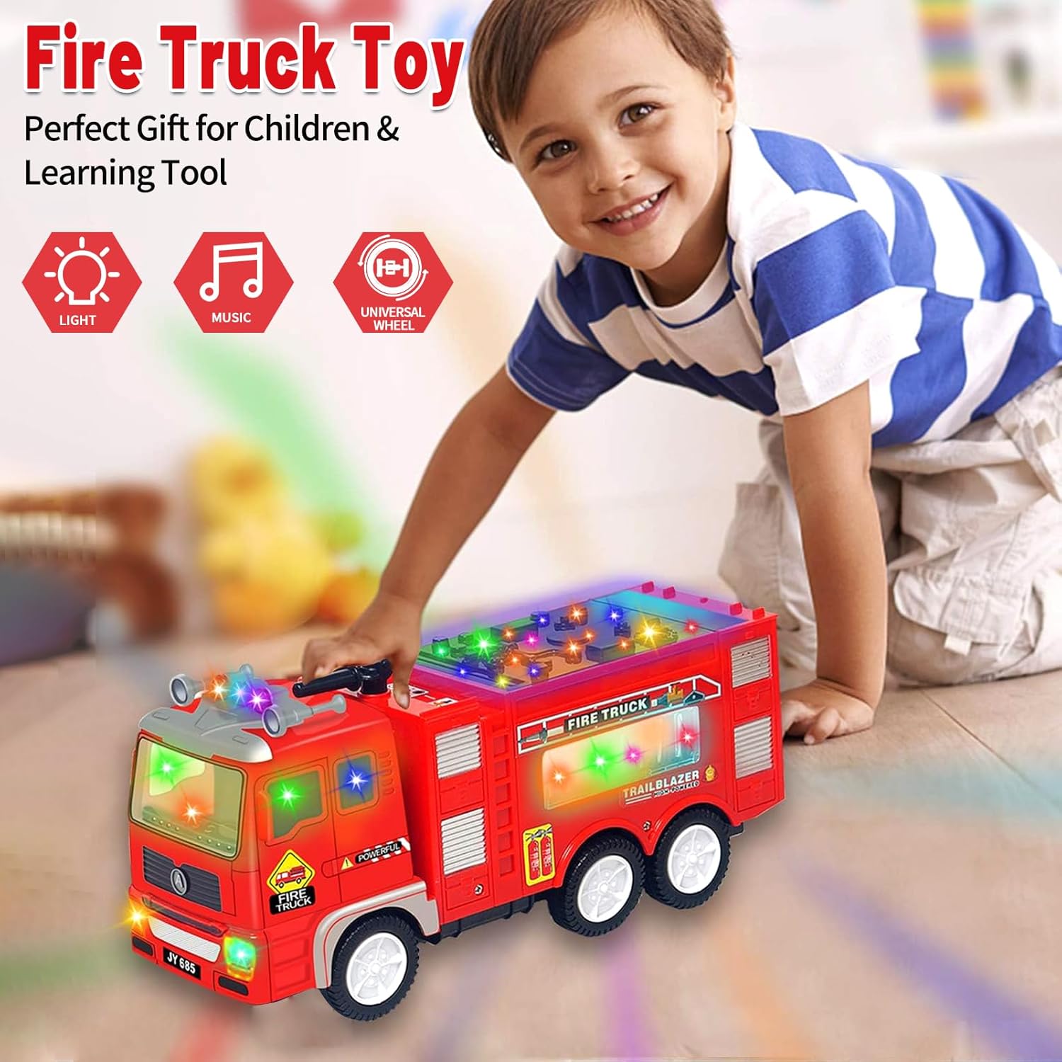 Large Fire Trucks for Toddlers 3-5, Toy Trucks for Toddlers Boys 3 4 5 Birthday Gifts, Kids' Play Truck with 4D Lights & Real Firetruck Siren Sound - Automatic Bump Go Technology - Image 3