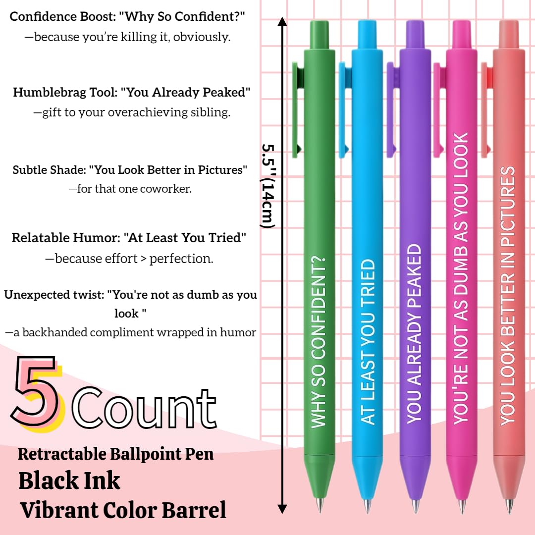 Jxueych 5pcs Sassy AF Aggressive Compliment Pens | Stop Boring Pens | Hilarious Office Prank Gifts for Colleagues, Friends, or Secret Santa