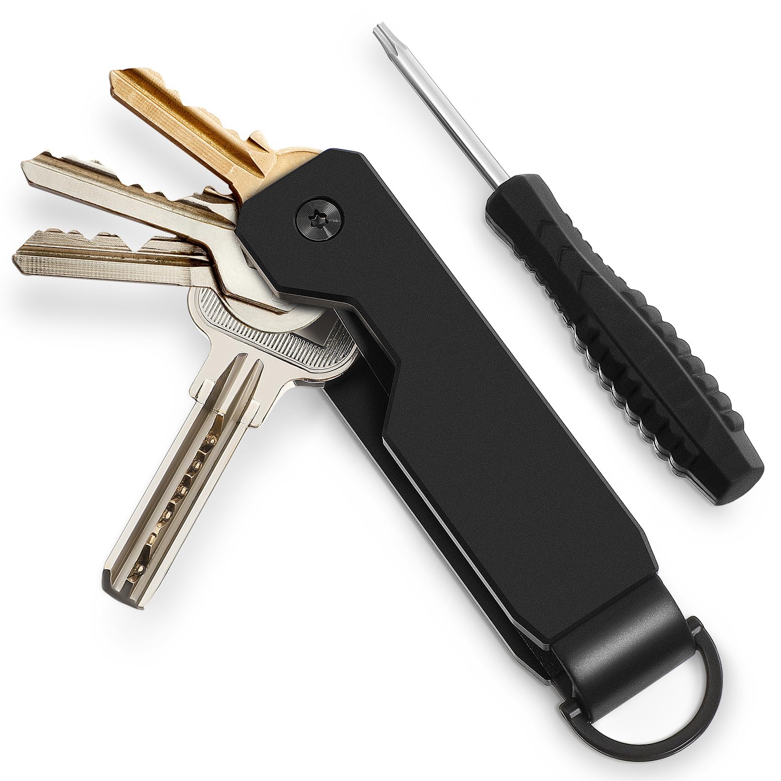 Compact Key Organizer for Men - Sleek Aluminum Silent Key Holder with Adjustment Screwdriver Minimalist Metallic Keychain Fits 1-6 Keys Durable Pocket Holder