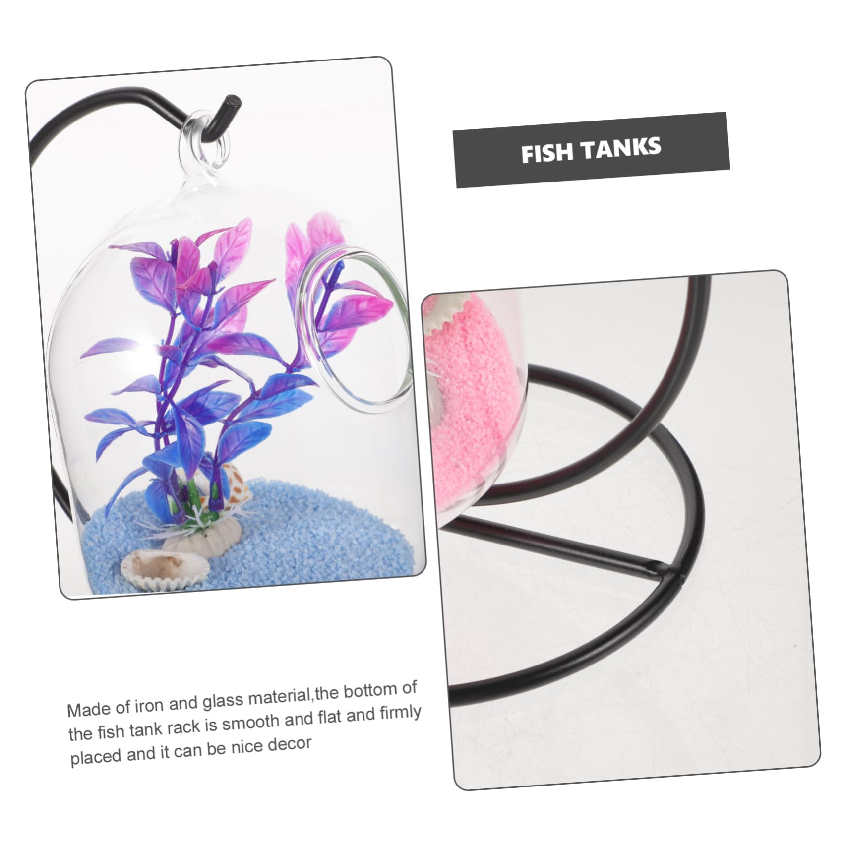BESTOYARD 1 ensemble d'aquarium en verre à suspendre avec support - Petit aquarium de bureau - Accessoires de poisson - Réservoir délicat Betta - Aquarium de bureau - Mini aquarium en fer
