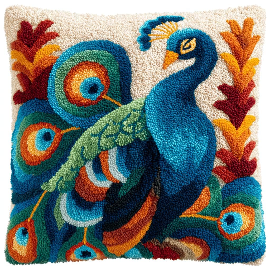 Kitquiver Latch Hook Rug Kits for Adults Peacock DIY Latch Hook Cushion Cross-Stitch Embroidery Cushion Cover for Home Sofa Decoration 17X17 in.