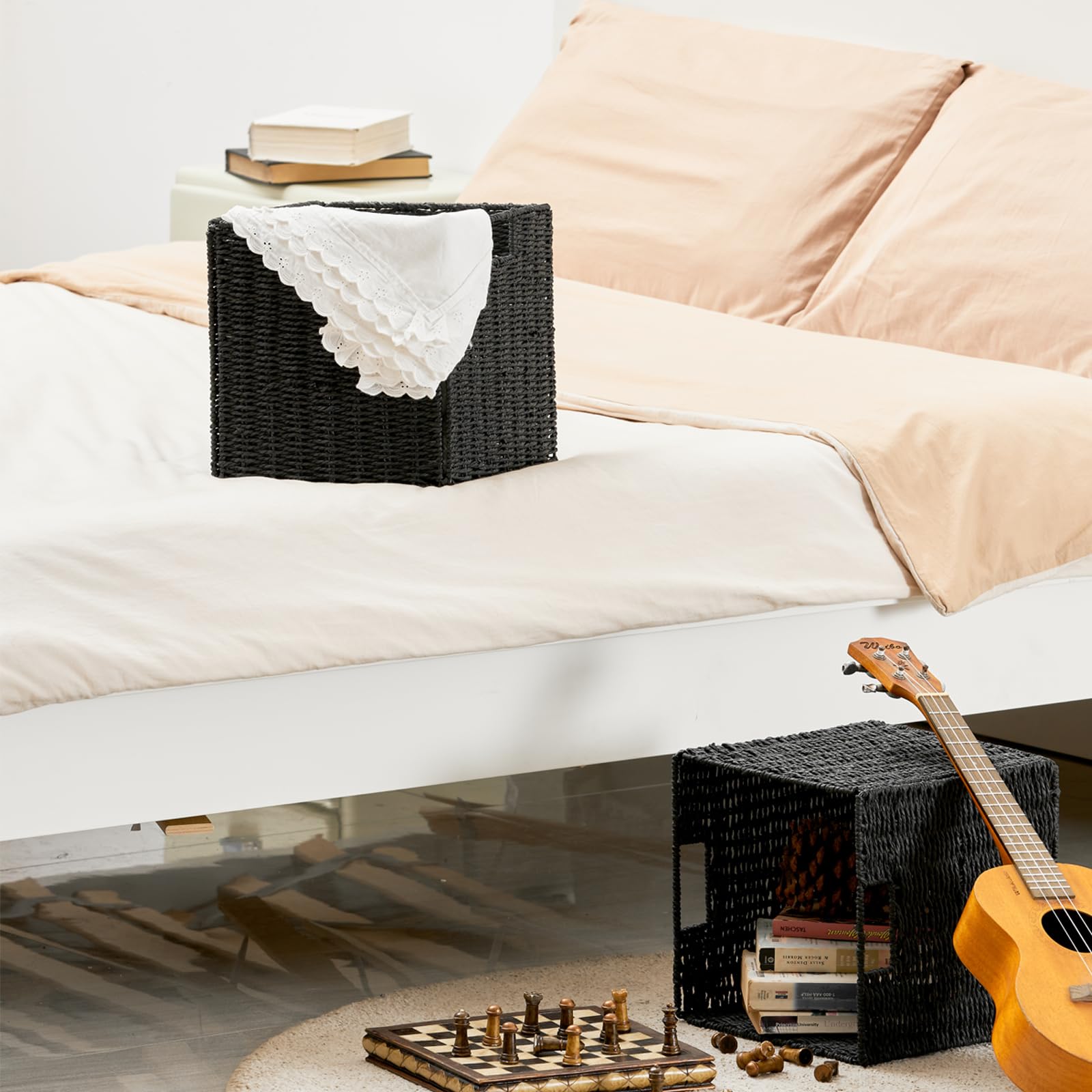 Aufbewahrungskorb geflochten, dekorativer Korb Geflochten mit Griffen, Faltbare Aufbewahrungsbox für Regal, Badezimmer, Wohnzimmer, Groß Körbe Aufbewahrung, 2er Set, 33 x 33 x 33 cm, Schwarz