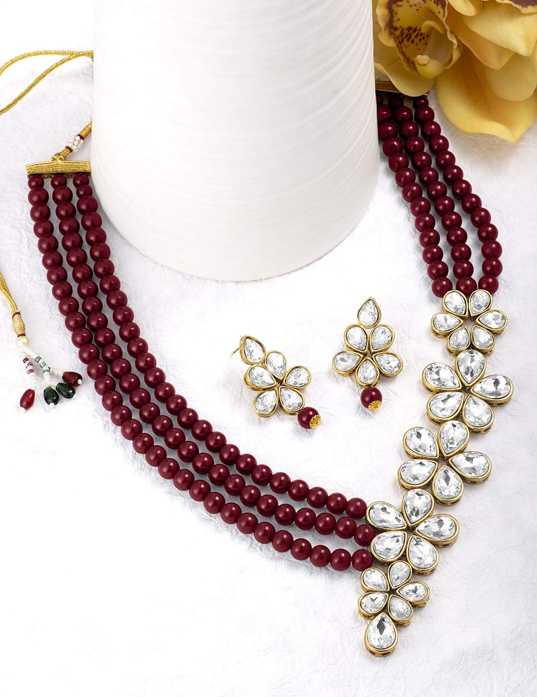 Aheli Floral Crystal Pearl Necklace with Drop Earrings Indian Traditional Bollywood Ethnic Jewelry Set Gift for Women - Image 3