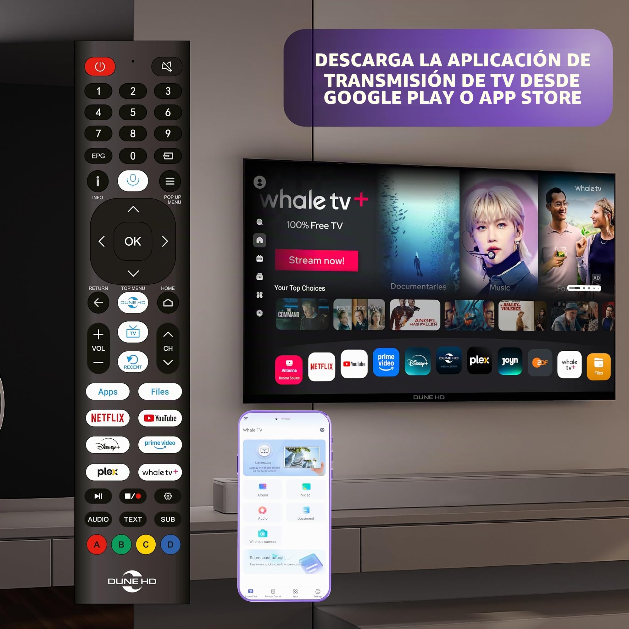 Dune HD Smart TV 43" (2026), QLED 4K UHD Quantum Dots, HDR10 HLG, Whale OS Android, 2+16, Sintonizador Triple DVB-T/T2/S/S2/C + TV analógica, Control por Voz, AirPlay, Miracast (43, Pulgadas)