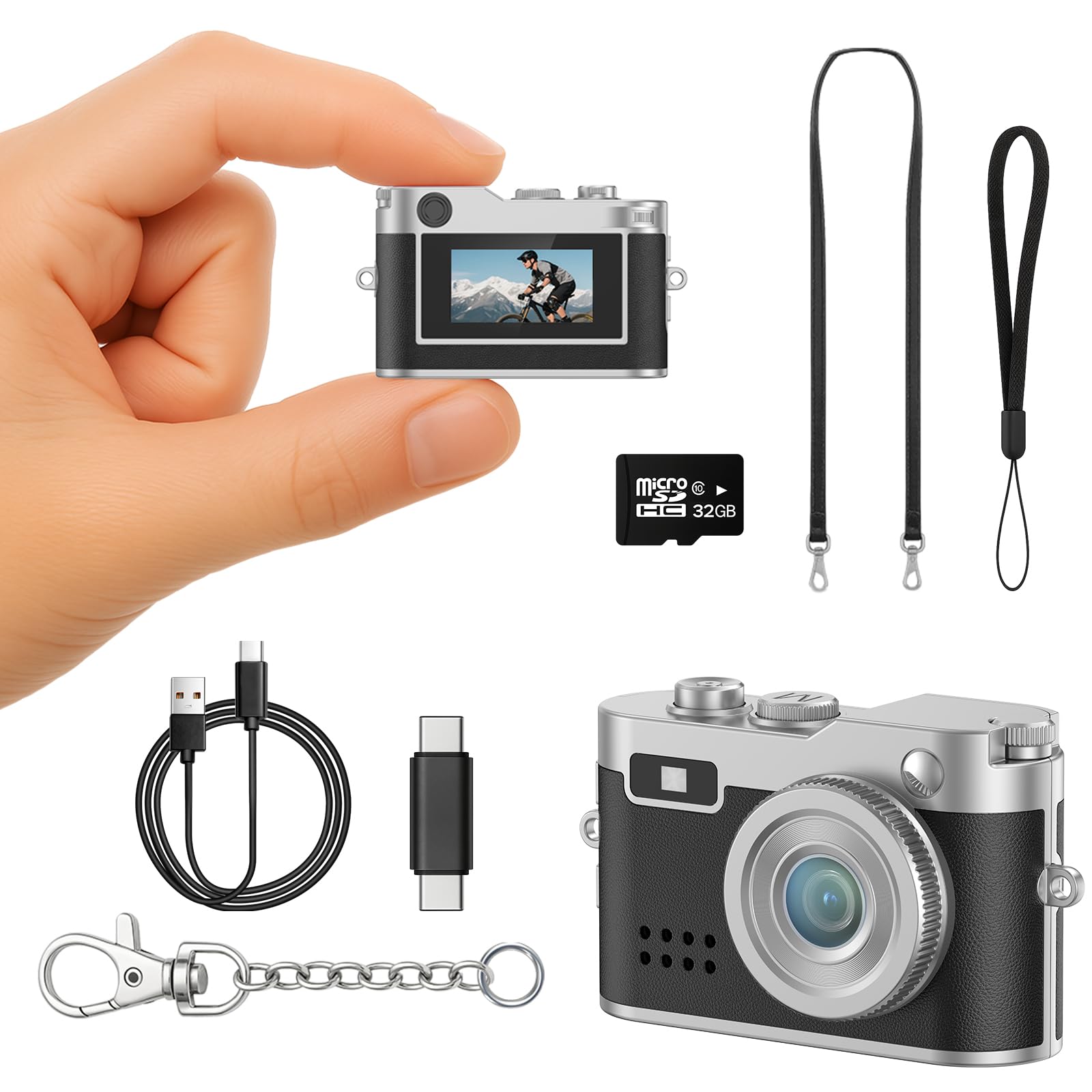 Mini-camera, 1080p sleutelhanger, retro camera met led-flitslicht
