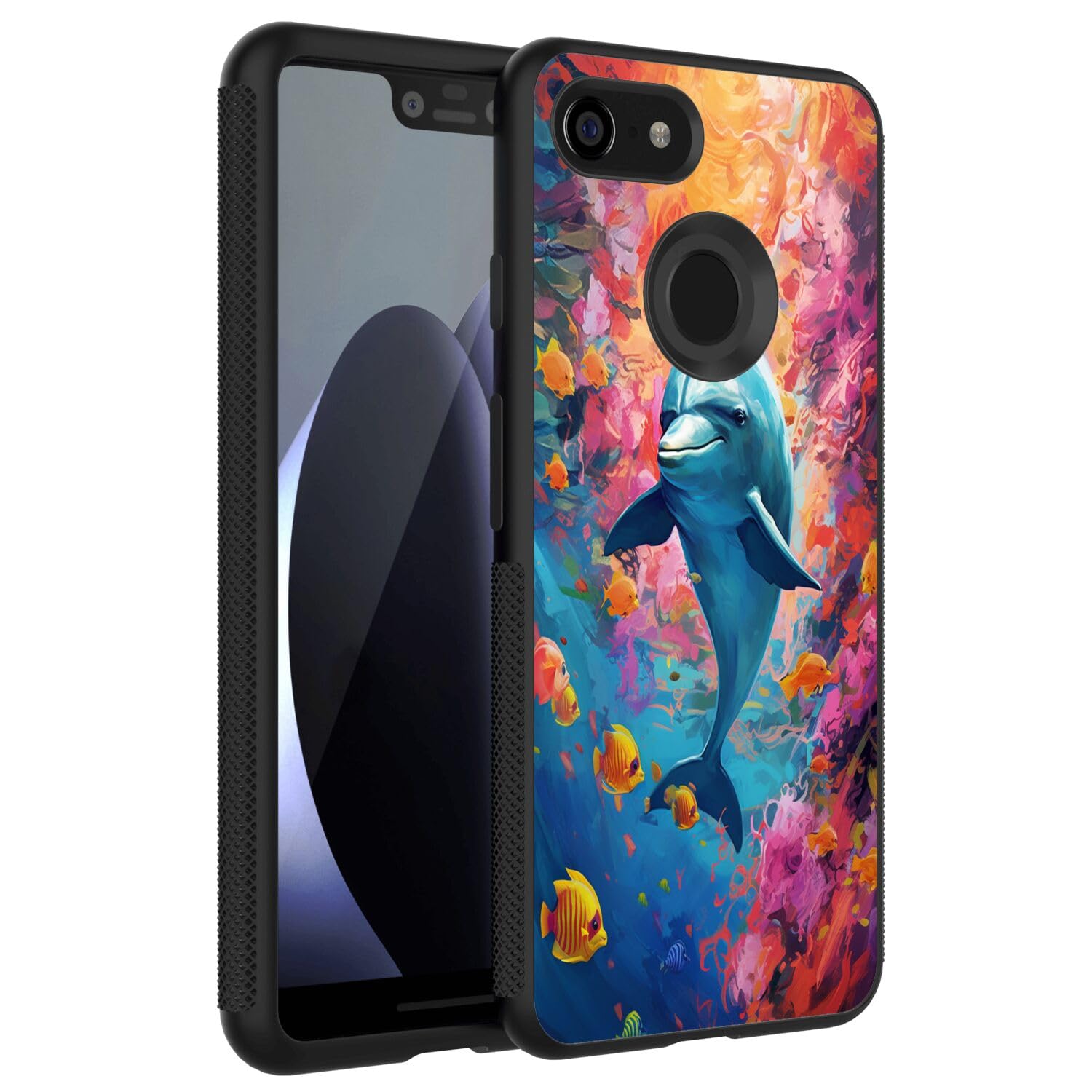 DAFEI Phone Case Compatible with Google Pixel 3a XL Dolphin Designer Art 050 Black Frame Shockproof and Slim Rubber TPU Material with Uniqe Design