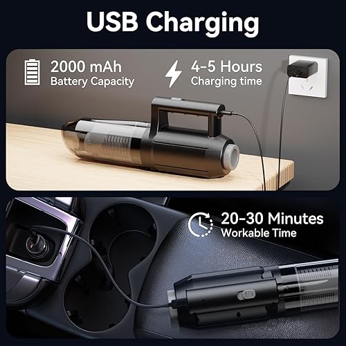 Miniatura 6 de Aspiradora de mano inalámbrica, 120 W de alta potencia 7000 Pa succión Mini aspiradora de coche recargable, aspiradora portátil 4 en 1 con múltiples