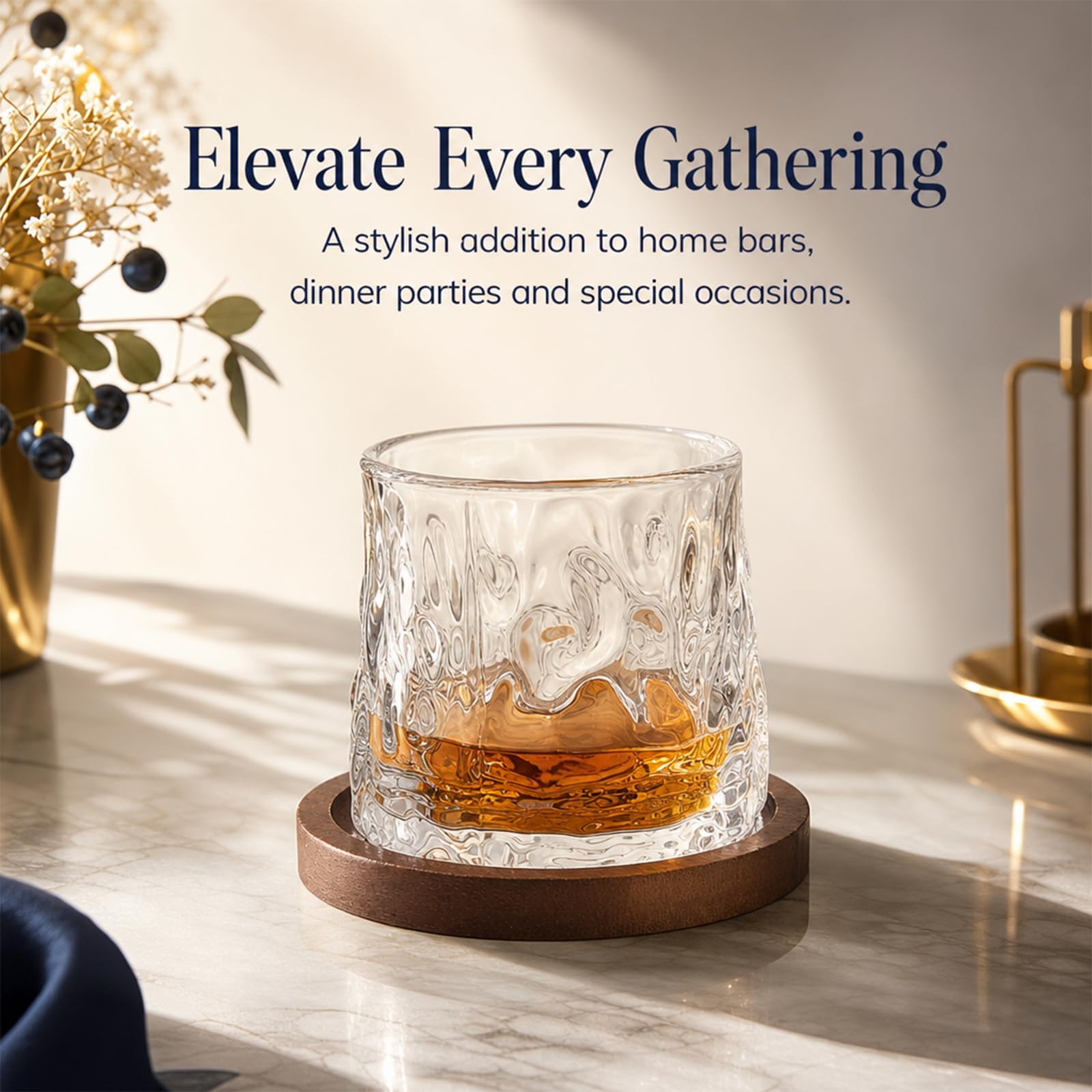Obrotowe szklanki do whisky 180 ml, zestaw 2 szt. z podstawkami, szkło obrotowe o wysokiej przejrzystości, młotkowany wzór, do whisky, rumu, bourbona, koniaku, prezent dla mężczyzn