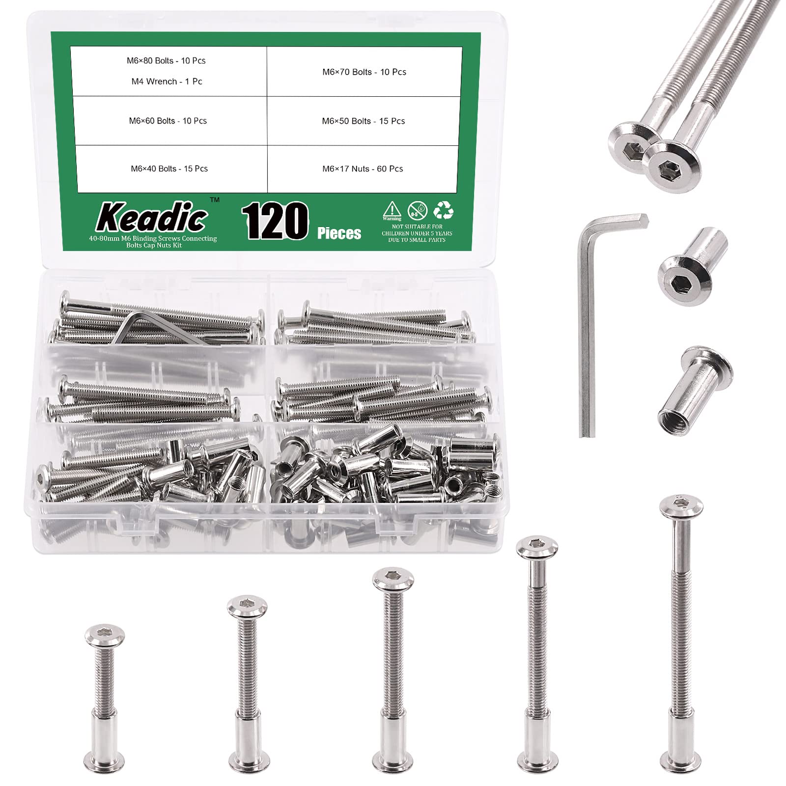 Keadic 121 Pcs M6 x 40/50/60/70/80mm Socket Cap Bolts Barrel Nuts Kit with Hex Key