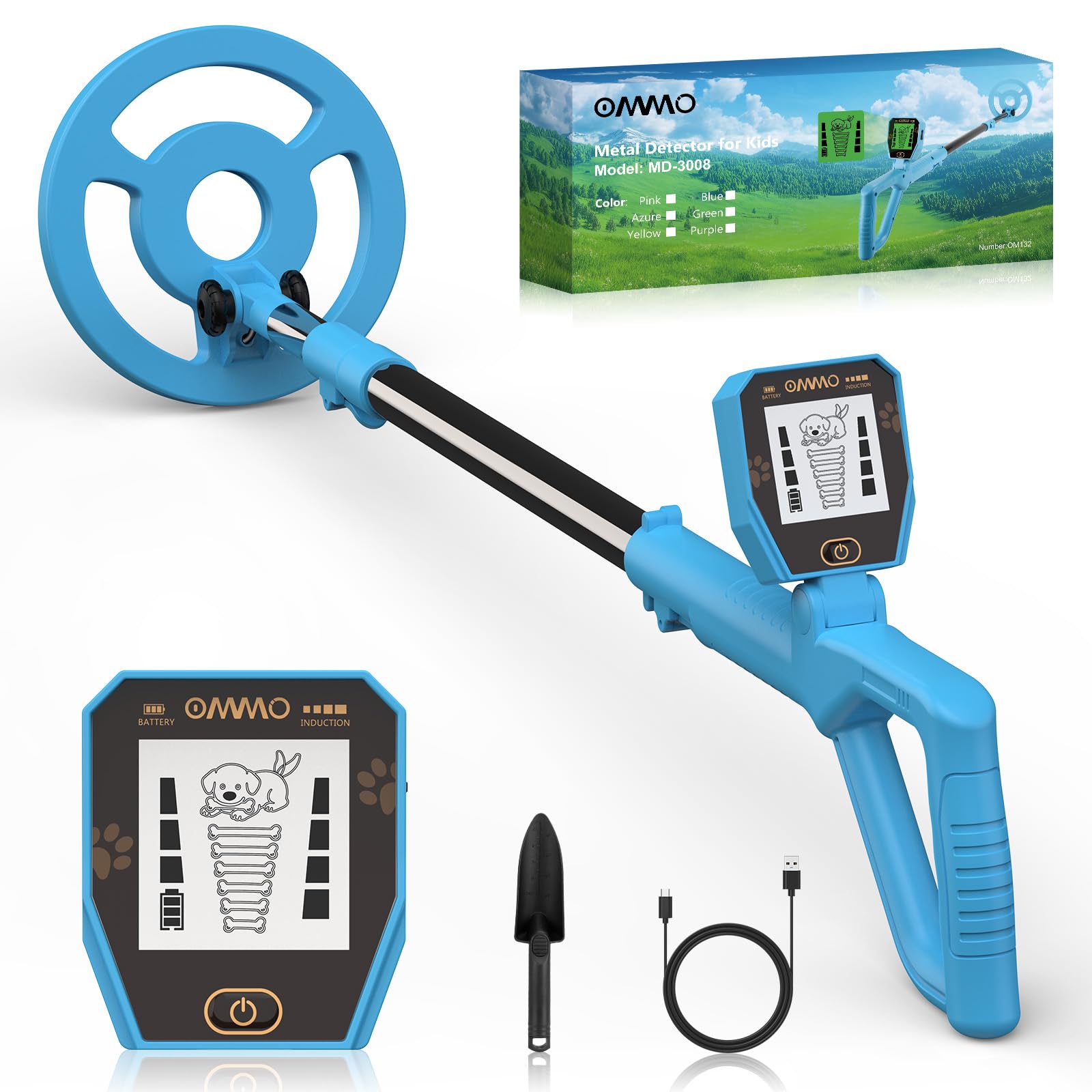 OMMO Kids Metal Detector, Rechargeable Adjustable Metal Detector for Kids with Funny LCD Display, Lightweight Metal Detectors with 6” Search Coil for Exploration Hiking (Blue)
