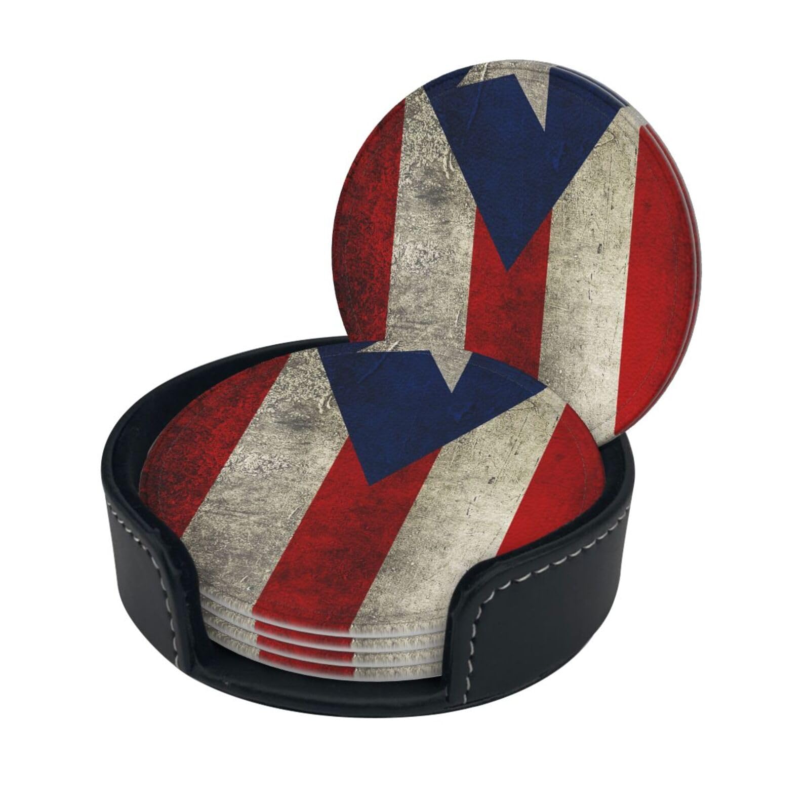 puerto rico wallpaper flag Drink Coasters Set of 6 with Holder Decorative Round Cup Coasters for Coffee Table Kitchen Office Bar
