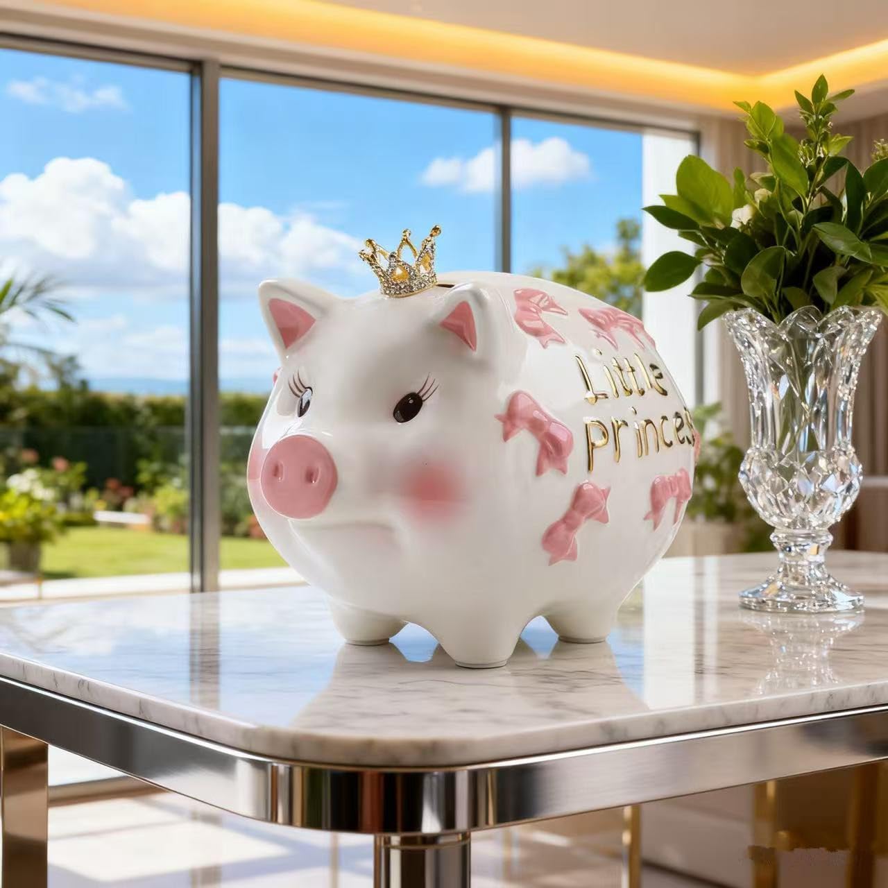 Ceramic Piggy Bank，Coin Bank ，Crown Princess Money Box for Girl (Pink 8.3" L)