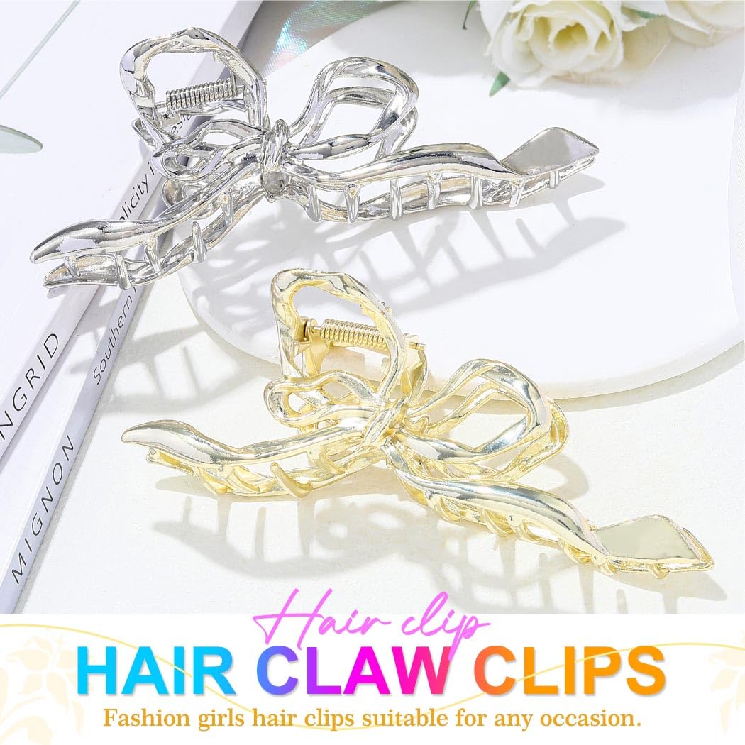 Reaky Bow Claw Clips Gold Metal Hair Clip Large Hair Claws Hair Accessories for Women, Gold,Silver - Image 2