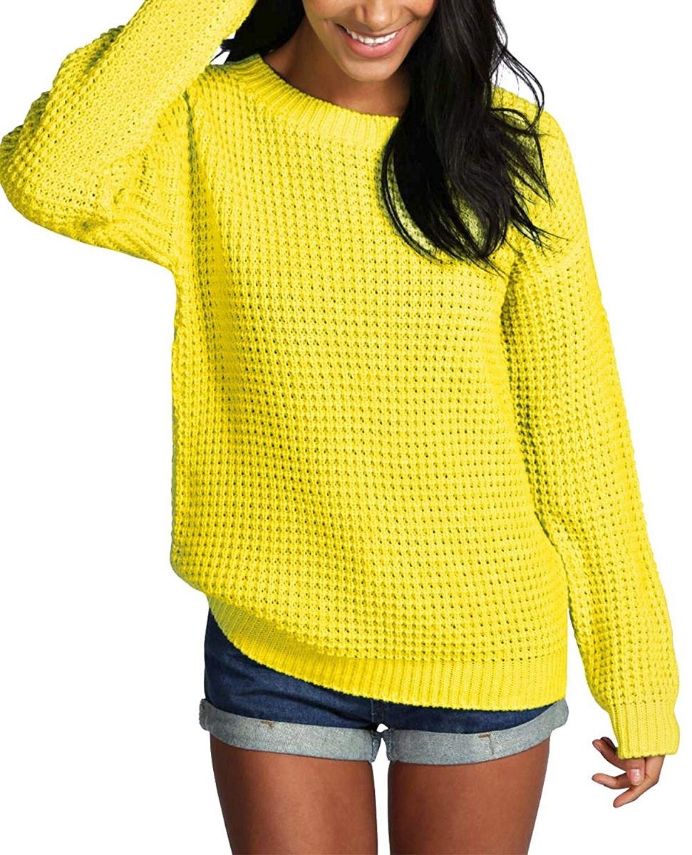 Crazy Girls Girls Yellow Crazy Womens Ladies Baggy Long Sleeve Knitted Plain Chunky Top Sweater Jumper S-Xl (Xl, )