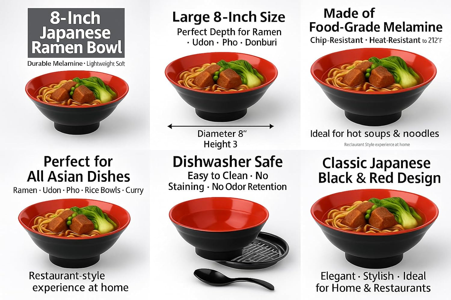 JapanBargain 2375, 4-Pack Japanese 8-Inch Ramen Bowl, Melamine Soup Dish for Udon Noodles Pho Wonton Rice, Black and Red Donburi Style, Durable & Dishwasher Safe Asian Tableware
