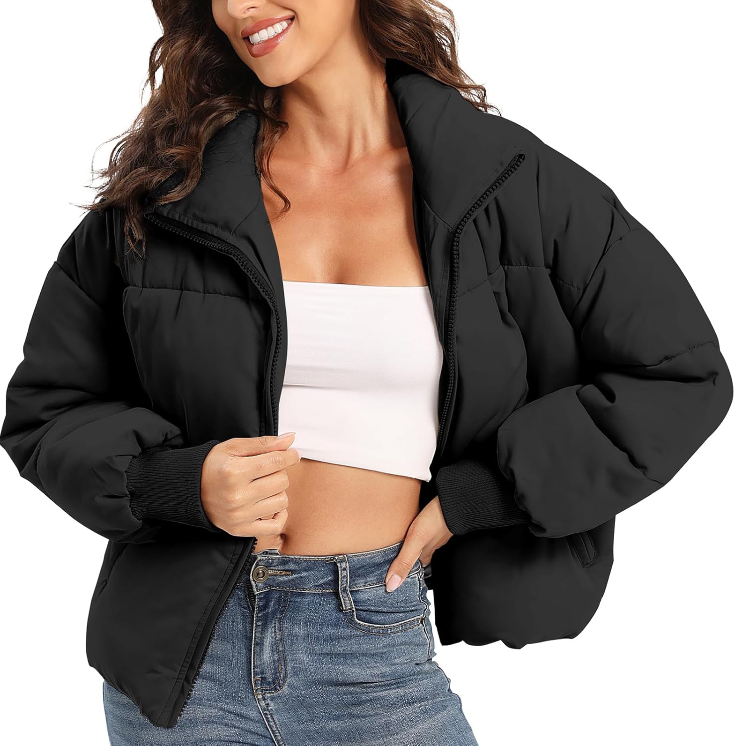 Women’s Puffer Jacket Long Sleeve Zip Up Warm Baggy Winter Jackets for Women
