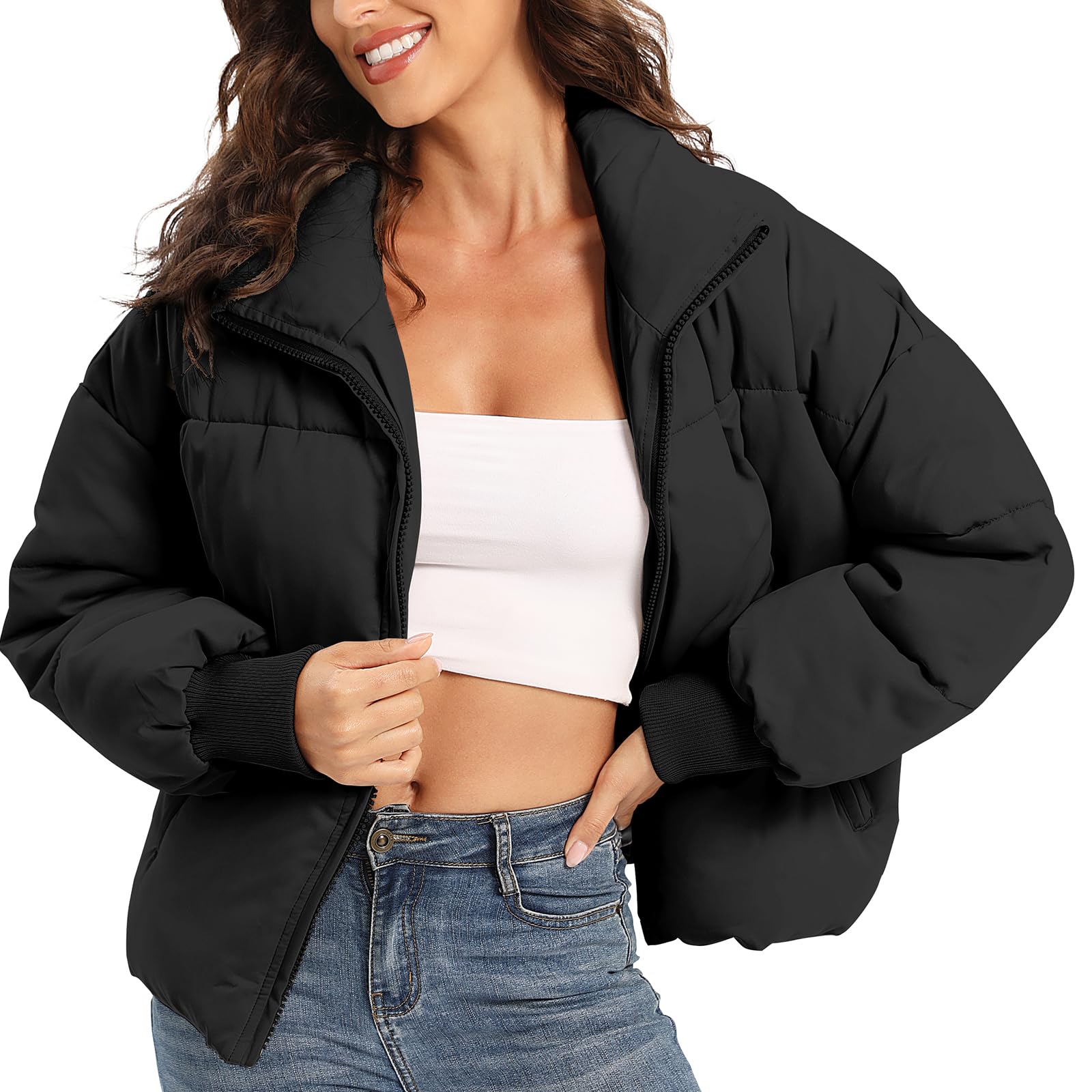 Acubozzntb Women's Puffer Jacket Long Sleeve Zip Up Warm Baggy Winter Jackets for Women