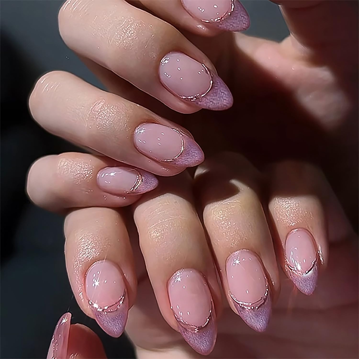 FIEONCIY Press on Almond Nails Medium Length Glossy Acrylic Almond Shaped False Nails with Designs Artificial Medium Fake Nails with Charms Glue Stick