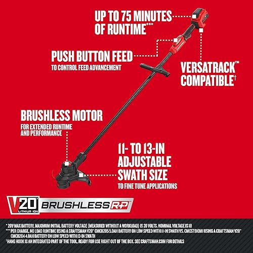 Miniatura 2 de CRAFTSMAN V20 RP Recortadora de Césped Inalámbrica, Sin Escobillas, Batería de 5.0Ah y Cargador Incluidos (CMCST930P1)