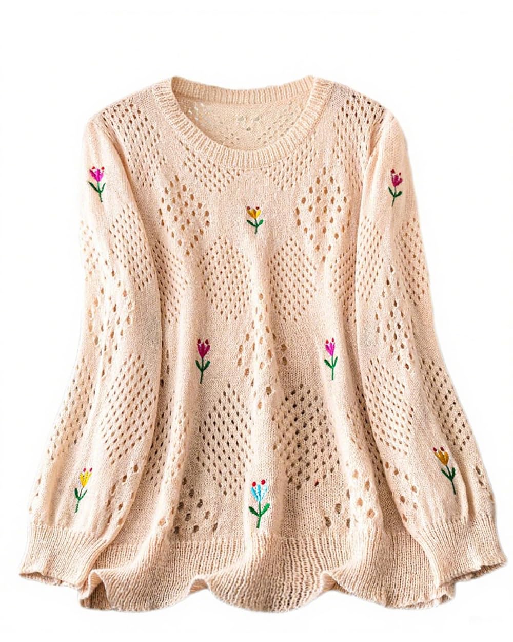 Womens Hollow Out Knit Sweaters with Floral Crochet Crew Neck Casual Pullover Tops Fashion Cozy Fall Winter Outfits