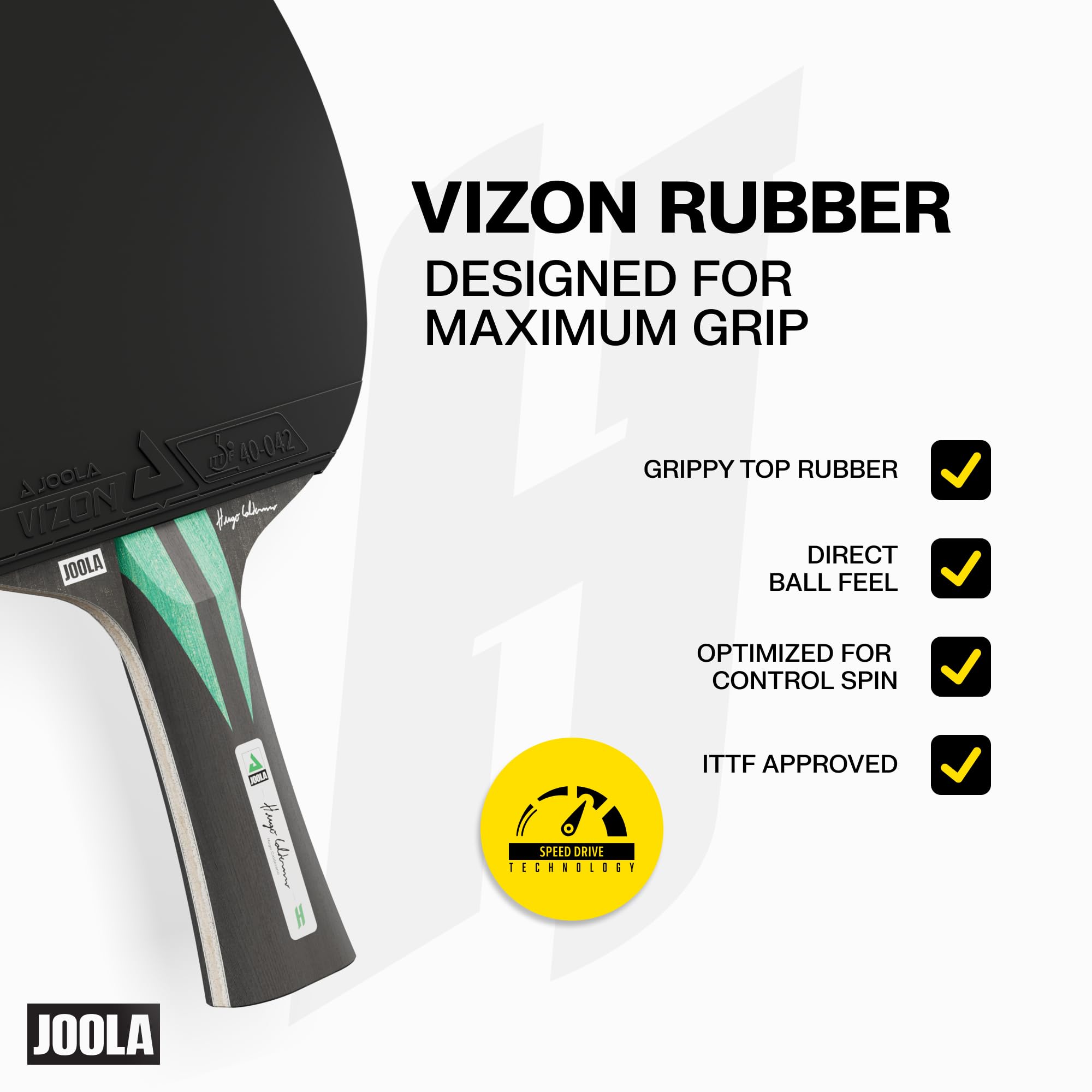 JOOLA Hugo Calderano Carbon - Raqueta de ping pong (incluye 3 pelotas de ping pong + funda, aprobado por la ITTF, revestimiento Vizon), color negro y verde