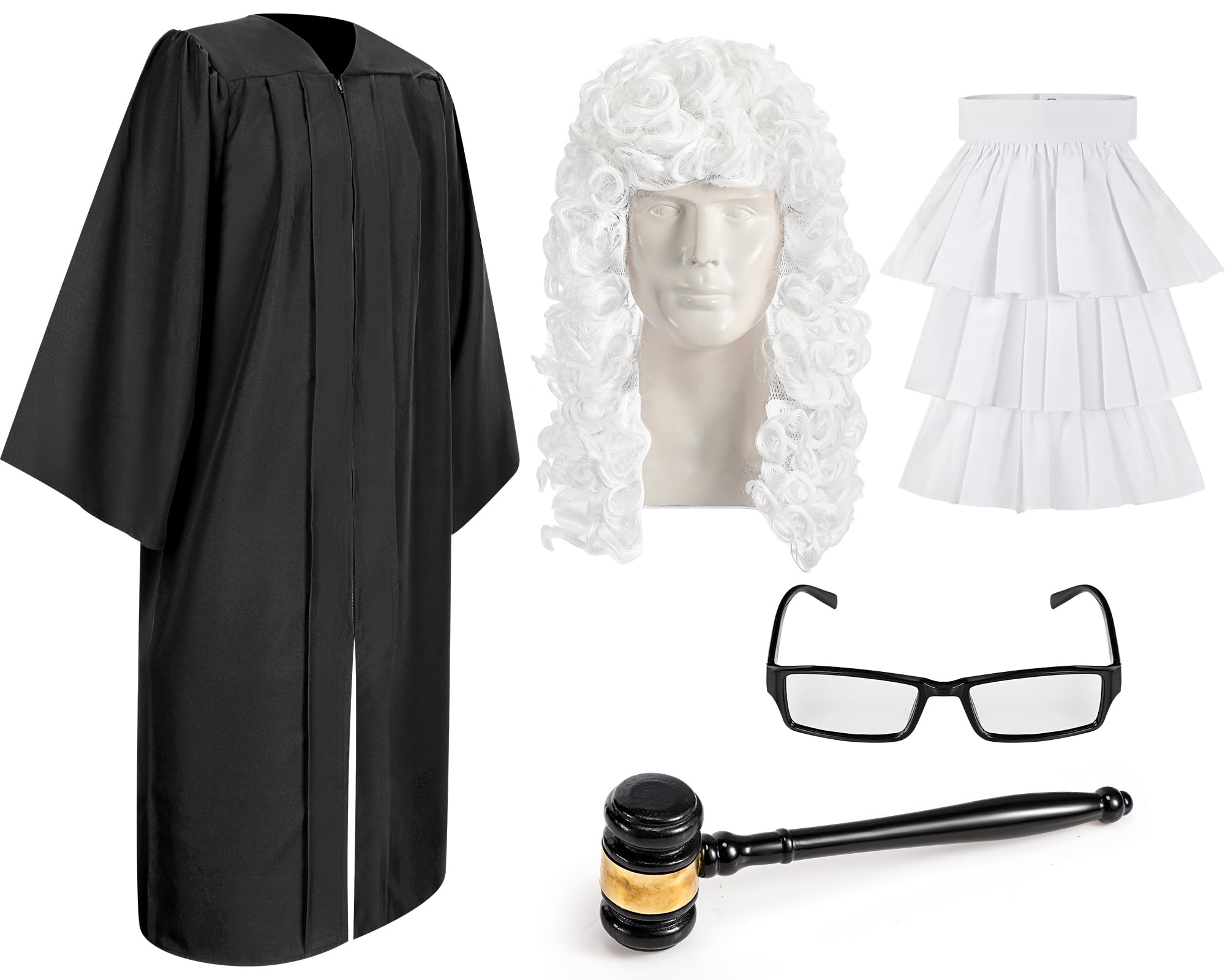 Hillban 5 Pcs Halloween Judge Costume Accessory Judge Robe False Collar Wooden Gavel Wig and Glasses for Halloween Cosplay, Fabric Collar, Adult size — image 1