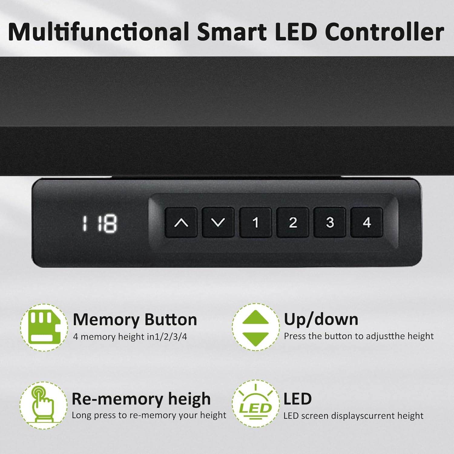 Close-up of the desk's control panel with LED display and memory buttons