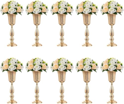 Jarrón dorado para centros de mesa de boda, 10 jarrones altos de trompeta para centros de mesa, decoración de mesa, soporte de flores de metal de