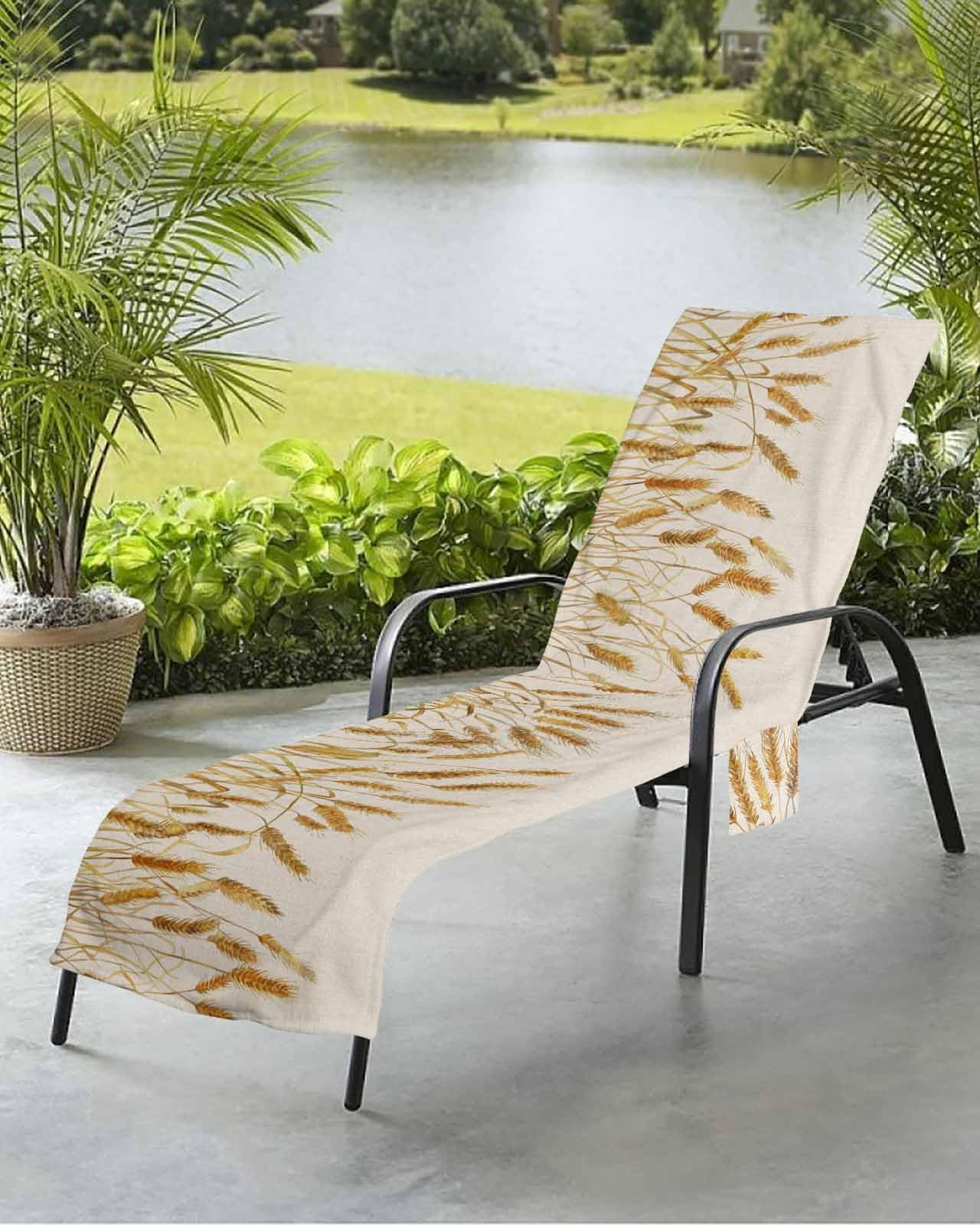 Beach Pool Patio Lounge Chaise Chair Cover Towel With Pockets,Gold Wheat Absorbent & Quick Dry Microfiber Towel Cover Bag Summer Travel Accessories for Sunbathing Farmhouse Vintage Summer Autumn Crops