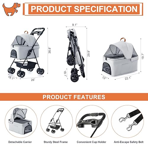 Miniatura 6 de Cochecito para mascotas 3 en 1 para perros pequeños y gatos, cochecito plegable y ligero para perros con transportador desmontable, portátil, para