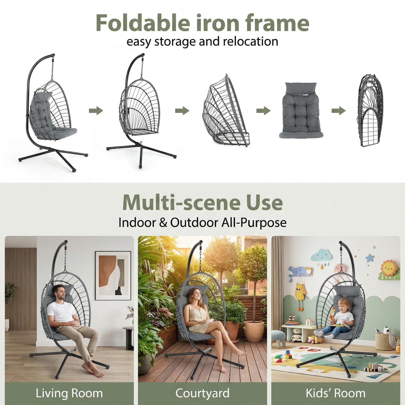 LIFERUN Hängesessel mit Gestell, Faltbarer Eiersessel mit Kissen, In- & Outdoor Freizeitsessel, Schaukel für Erwachsene & Kinder, für Garten, Terrasse, Balkon, Wohnzimmer, Belastbar bis 160 kg (Grau)