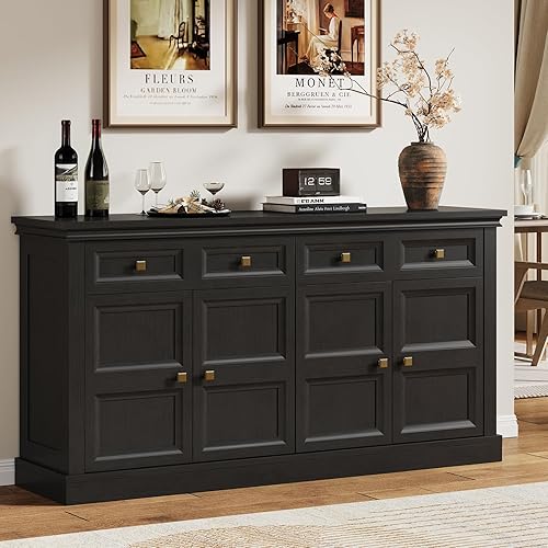 ONBRILL Armarios de buffet de 63 pulgadas con almacenamiento, aparador de 4 puertas Credenza, aparadores de almacenamiento grandes con cajones y