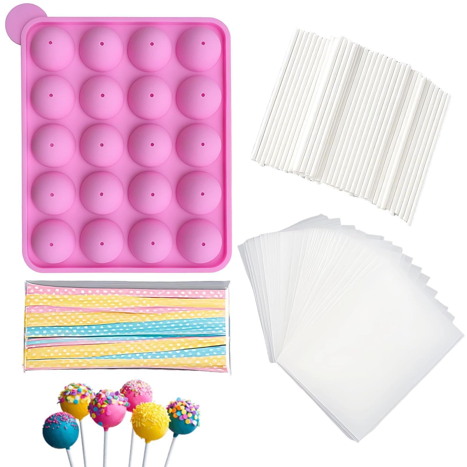 301Pcs Cake Pop Set, 20 Cavity Silicone Cake Pop Mould, Chocolate Lolly Maker,Silicone Cake Pop Mould with 100pcs Cake Pop Sticks, Bags, Twist Ties, Suitable for Chocolate and Candy Making