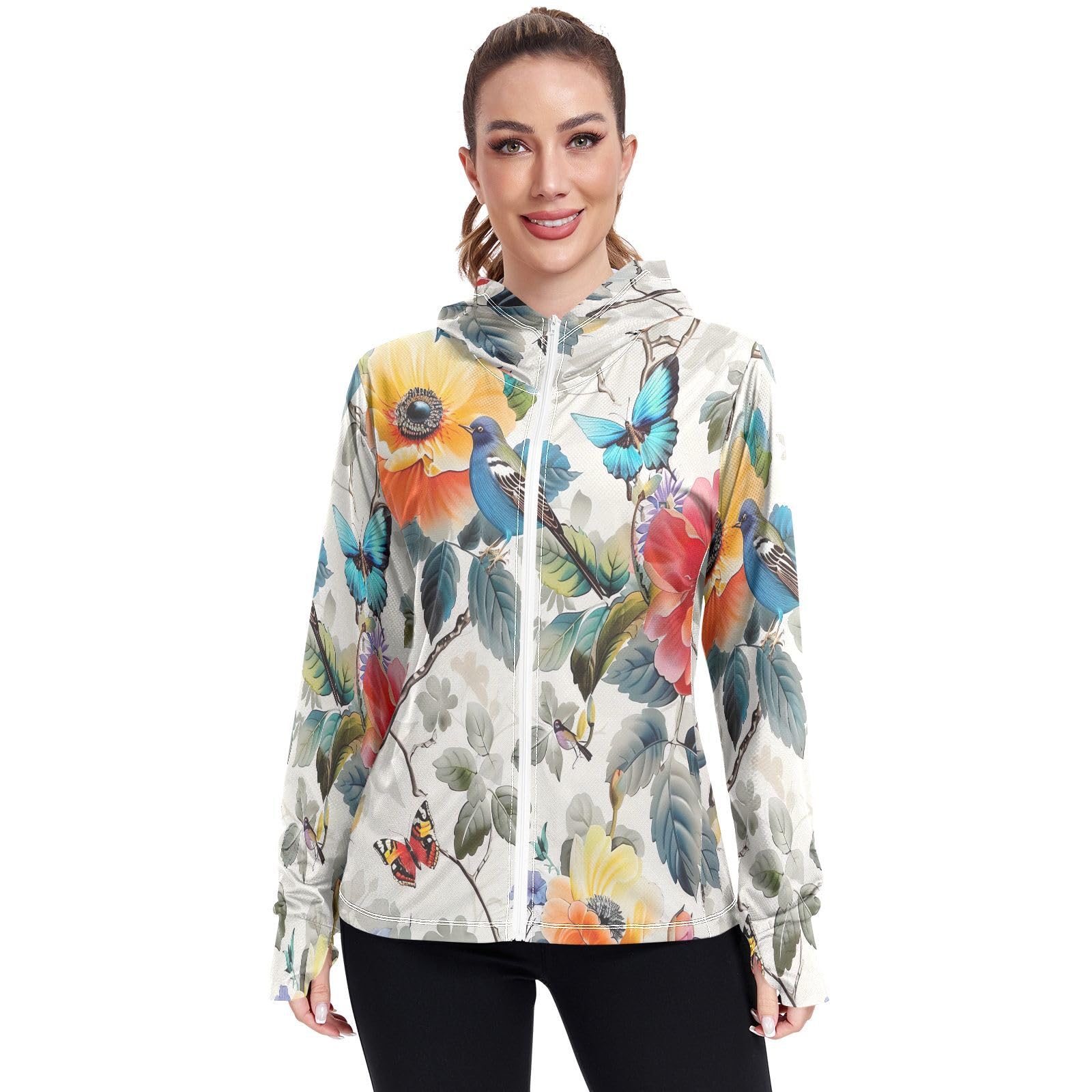 Kigai Flower Women's UPF 50+ Sun Protection Hoodie Jacket with Pocket Zip Long Sleeve Sun Shirt for Gardening Hiking Outdoor