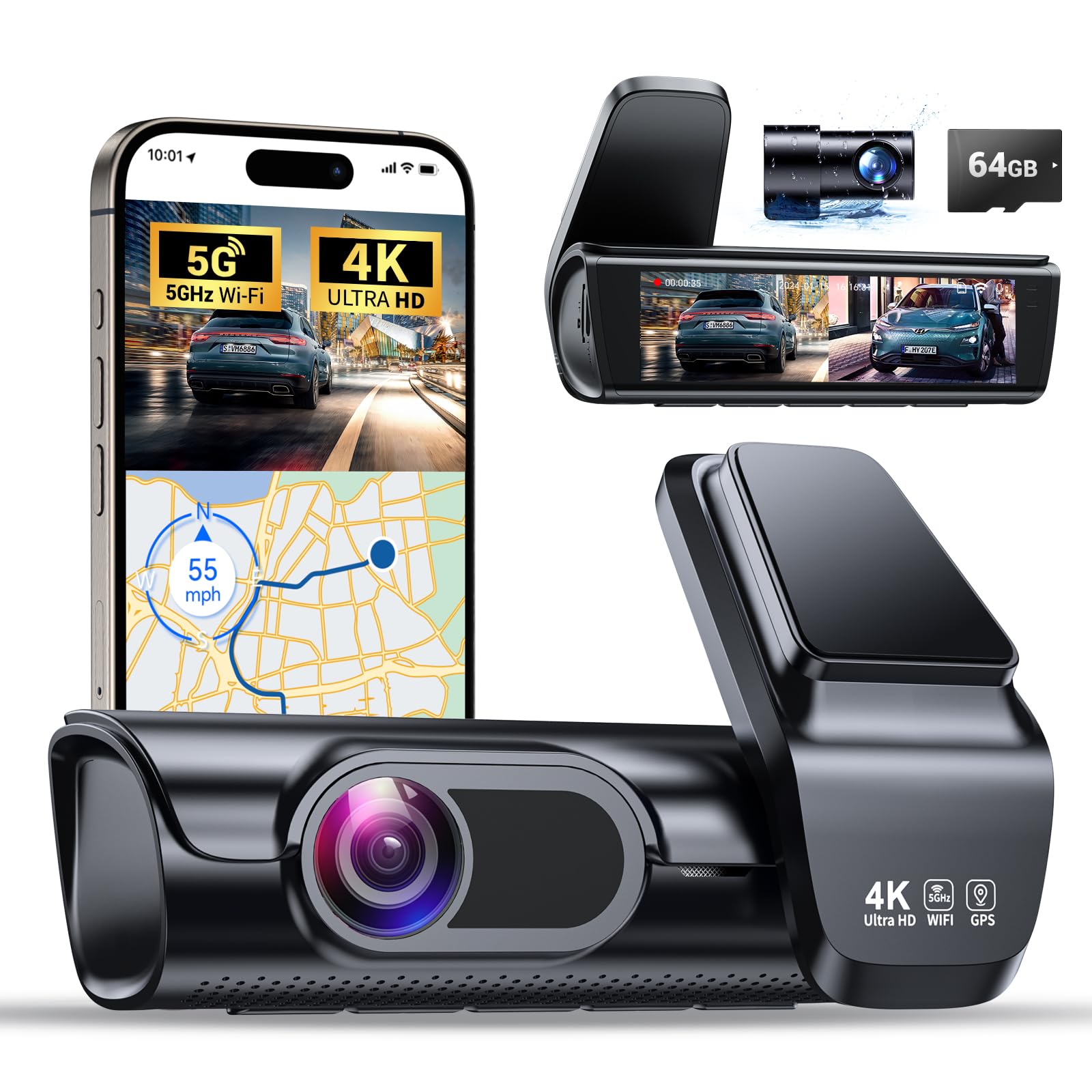 K600 4k Dash Cam Front and Rear, 3.59" IPS Screen, Built-in GPS 5G WiFi Dash Camera for Cars with App, UHD 2160P Night Vision Free 64G SD Card, 170° Wide Angle, HDR, 24H Parking Mode