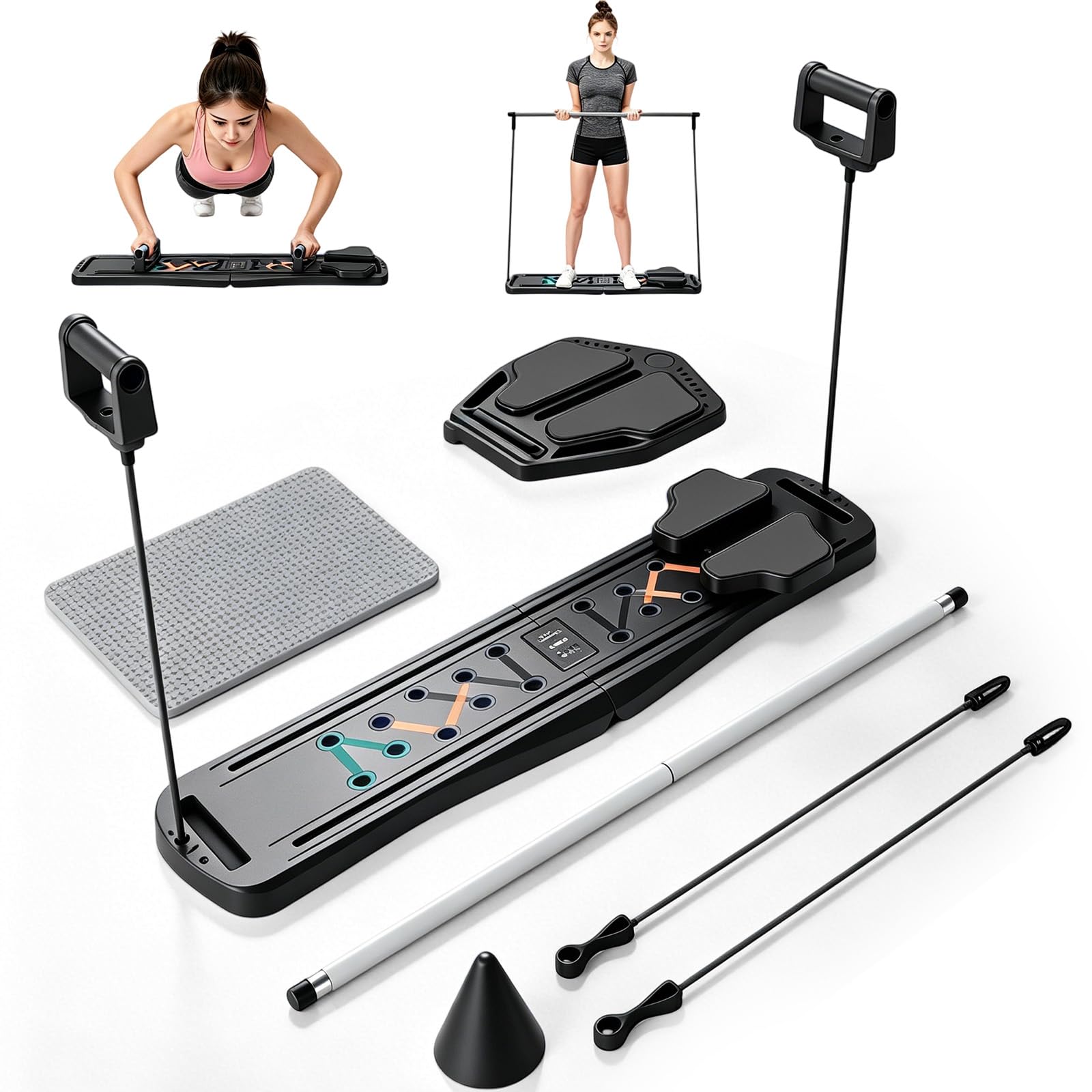 Pilates Board, Multifunctional Faltbarer Pilates Reformer, Pilates Set Mit Widerstandsband Balancebrett Kniekissen & Stange, Exercise Board for Home Exercises