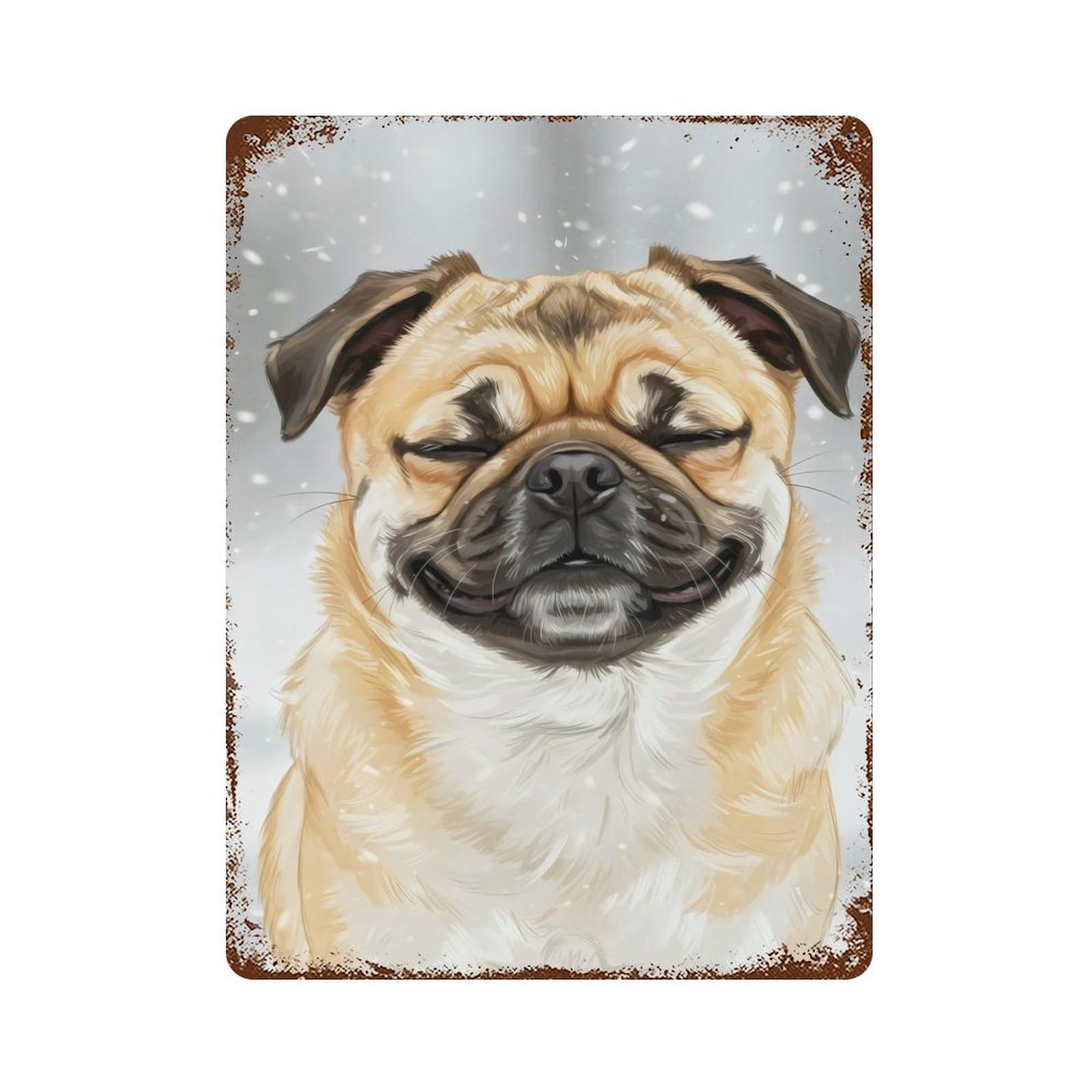 Smiling Pug in Winter Snowfall Rusty Metal Tin Sign 15.7"x11.8", Classic Wall Plaque for Pub, Kitchen And Man Cave Decor