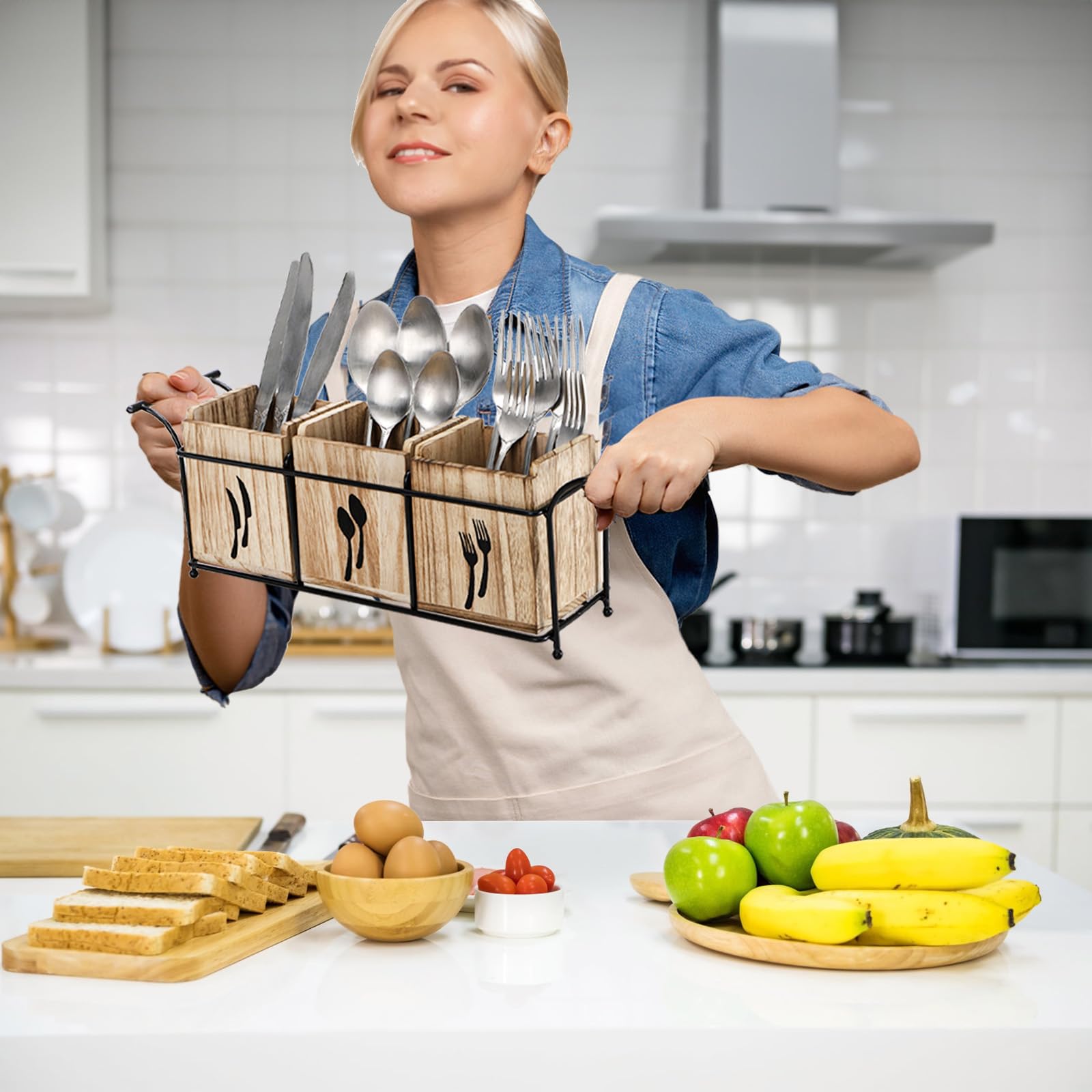 Soporte de utensilios de madera para fiestas, organizador grande de cubiertos de encimera con asa, 3 compartimentos desmontables, organizador de cocina con bandeja de metal para tenedor 6