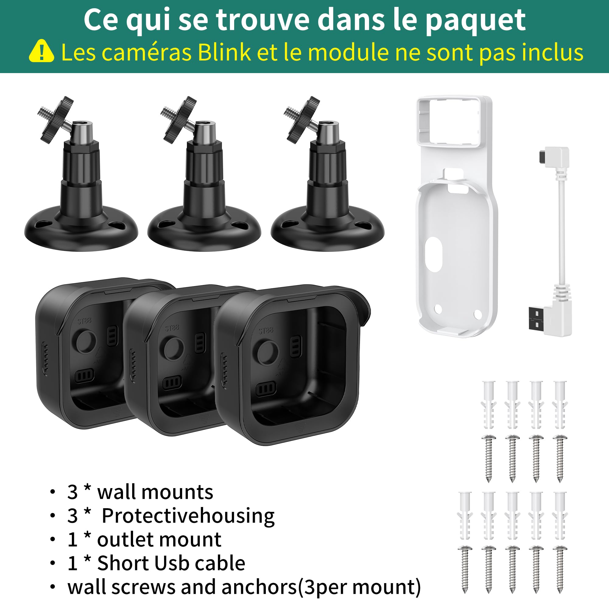 HomeMount Support Mural pour caméra Blink Outdoor avec Support Prise Sync Module Core, boîtier de Protection étanche et Fixation réglable à 360° pour Blink Outdoor 4/3 / 2K+ (3 pièces)