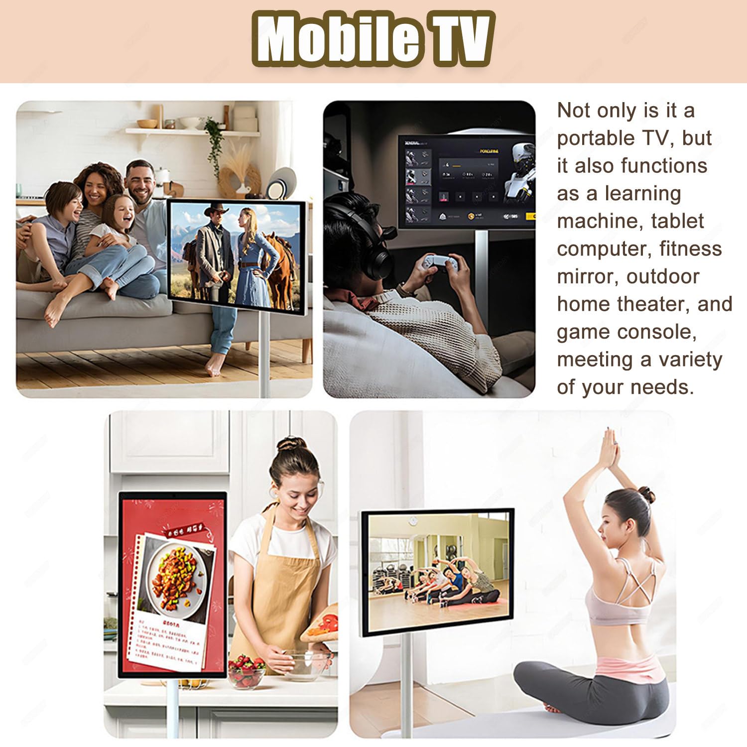 TV portatile su ruote con batteria da 10000 mAh, lettore multimediale touchscreen rotante da 27 pollici, telecomando, durata della batteria 6-8 ore