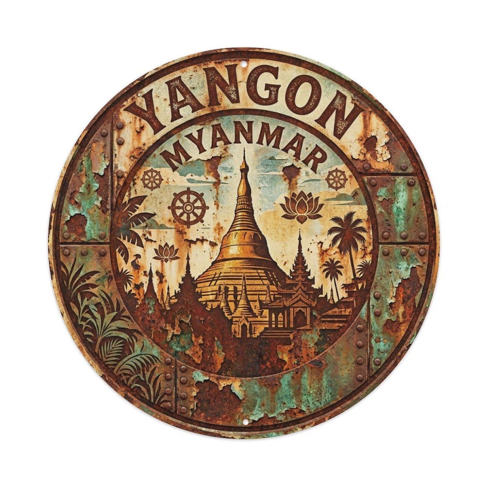 Vintage Travel Myanmar Yangon Metal Tin Sign